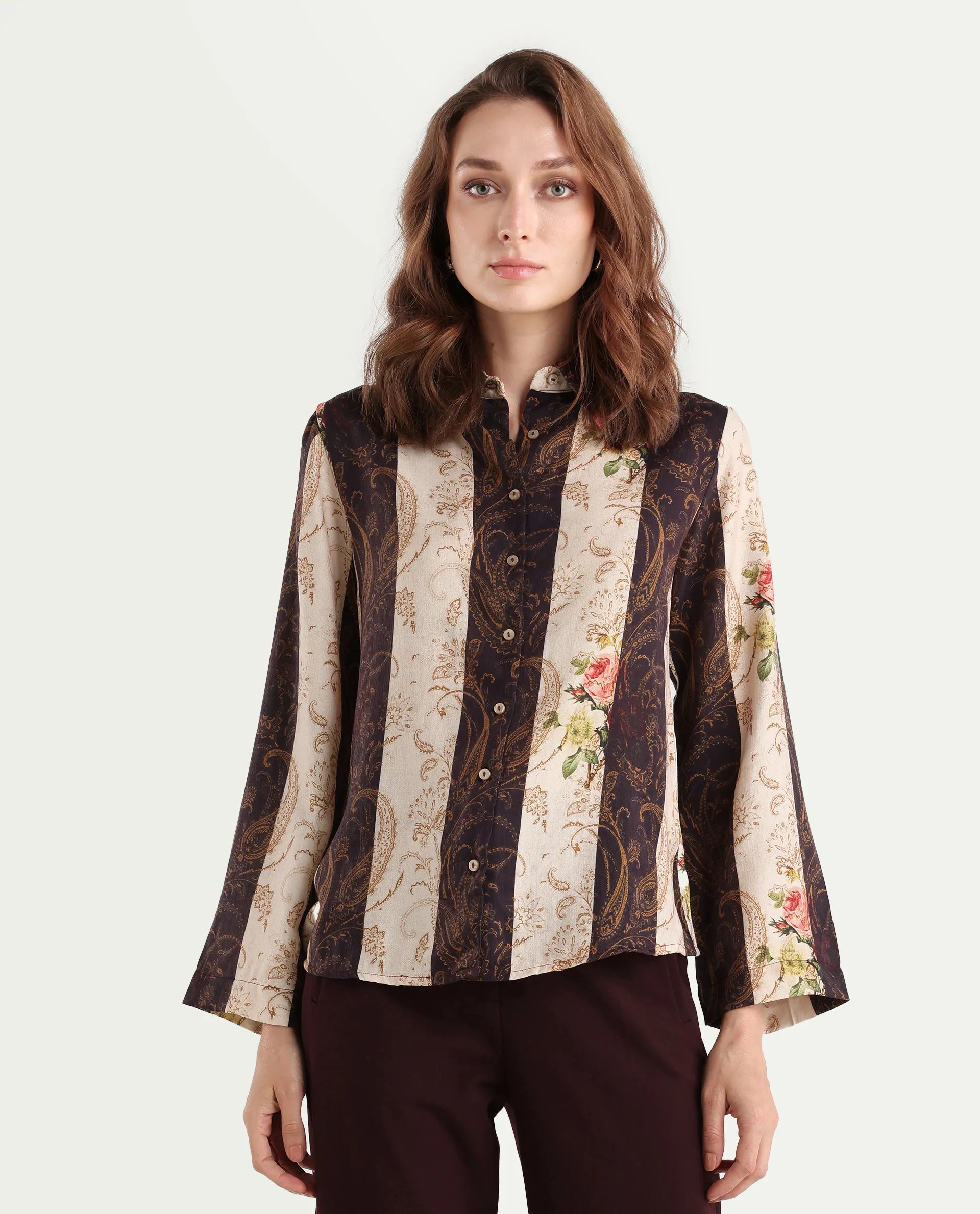 Rareism Women's Lesent Multi Viscose Blend Drop Collar Paisley Print Cuffed Sleeve Regular Fit Top