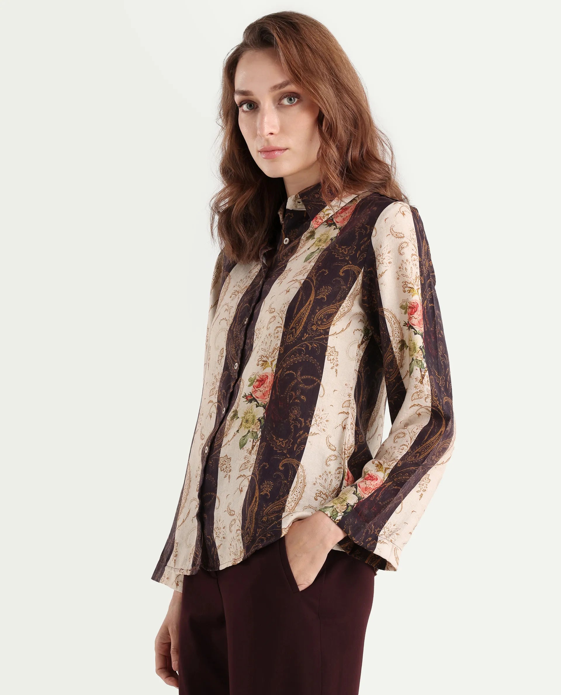 Rareism Women's Lesent Multi Viscose Blend Drop Collar Paisley Print Cuffed Sleeve Regular Fit Top