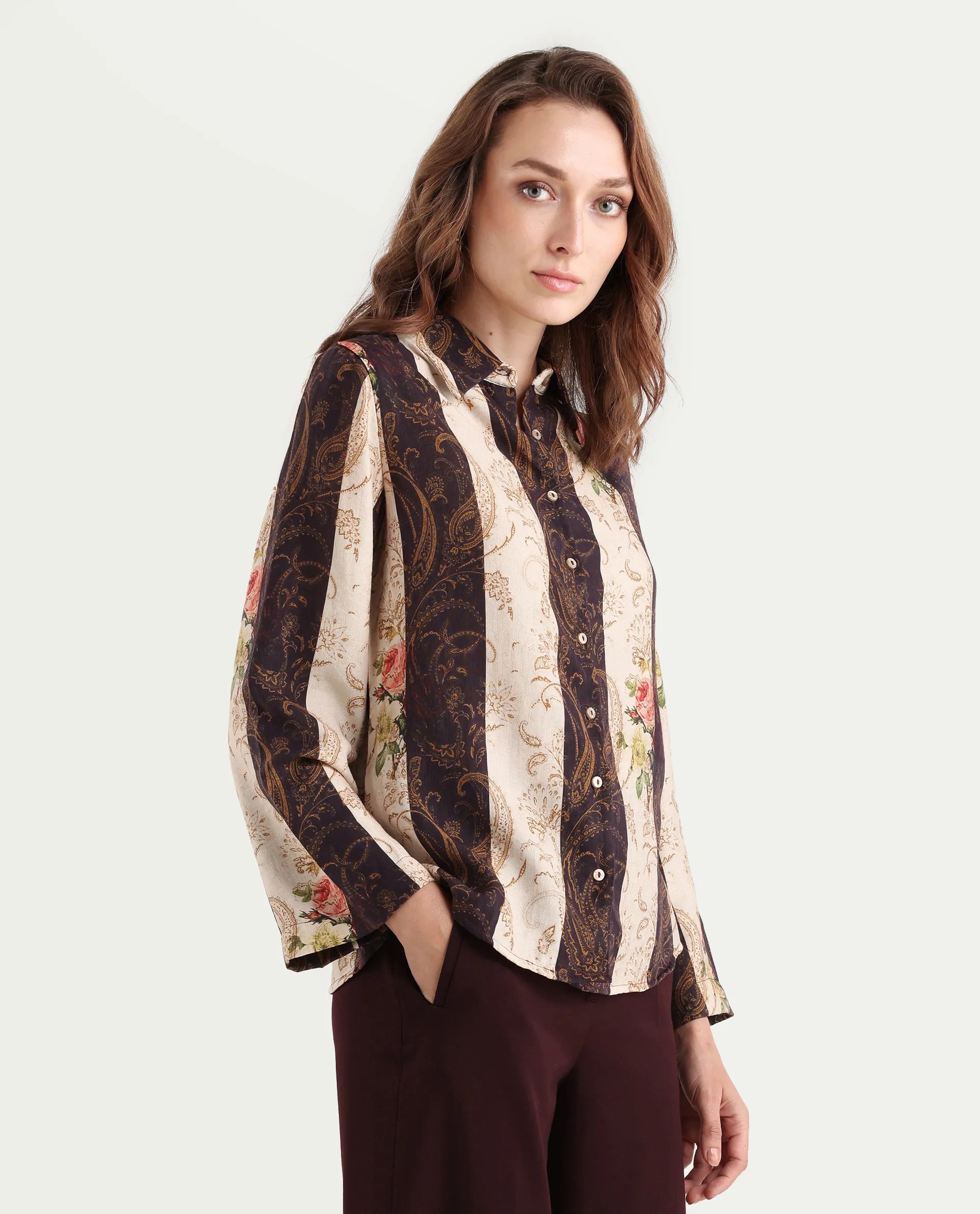 Rareism Women's Lesent Multi Viscose Blend Drop Collar Paisley Print Cuffed Sleeve Regular Fit Top