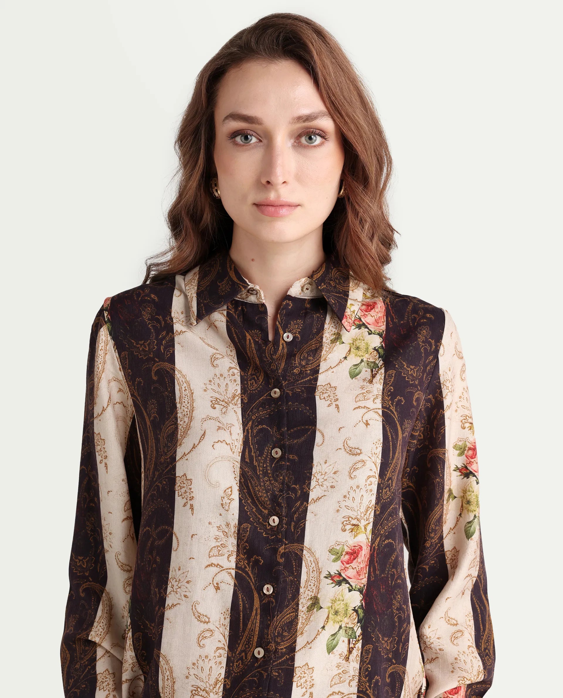 Rareism Women's Lesent Multi Viscose Blend Drop Collar Paisley Print Cuffed Sleeve Regular Fit Top