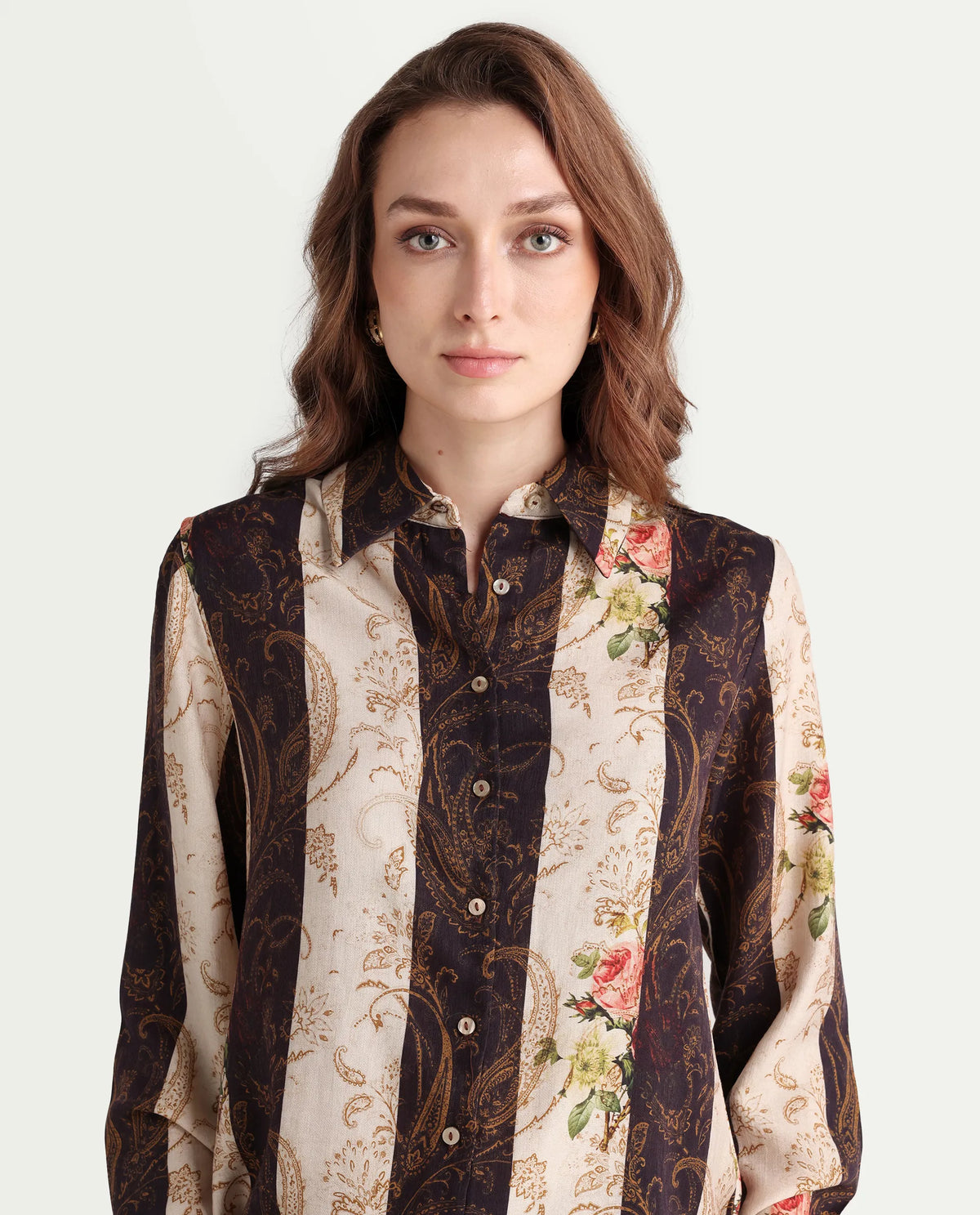 Rareism Women's Lesent Multi Viscose Blend Drop Collar Paisley Print Cuffed Sleeve Regular Fit Top