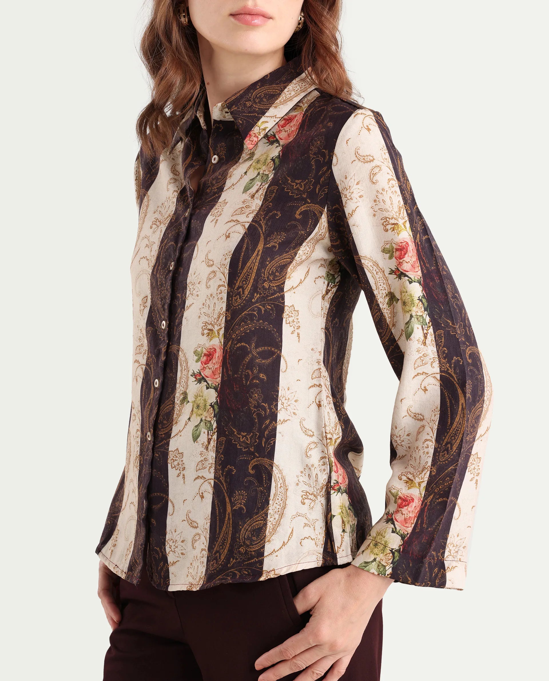 Rareism Women's Lesent Multi Viscose Blend Drop Collar Paisley Print Cuffed Sleeve Regular Fit Top