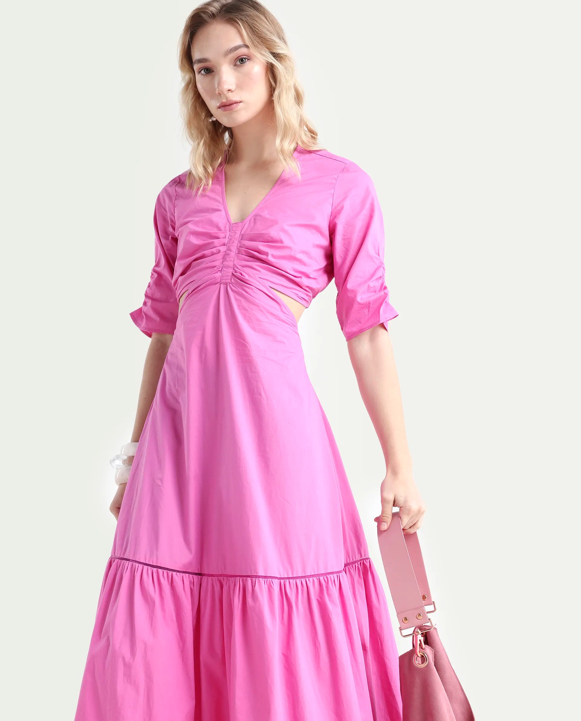 Rareism Women's Lesman Pink Cotton V-Neck Plain Puff Sleeves Maxi Fit And Flare Dress