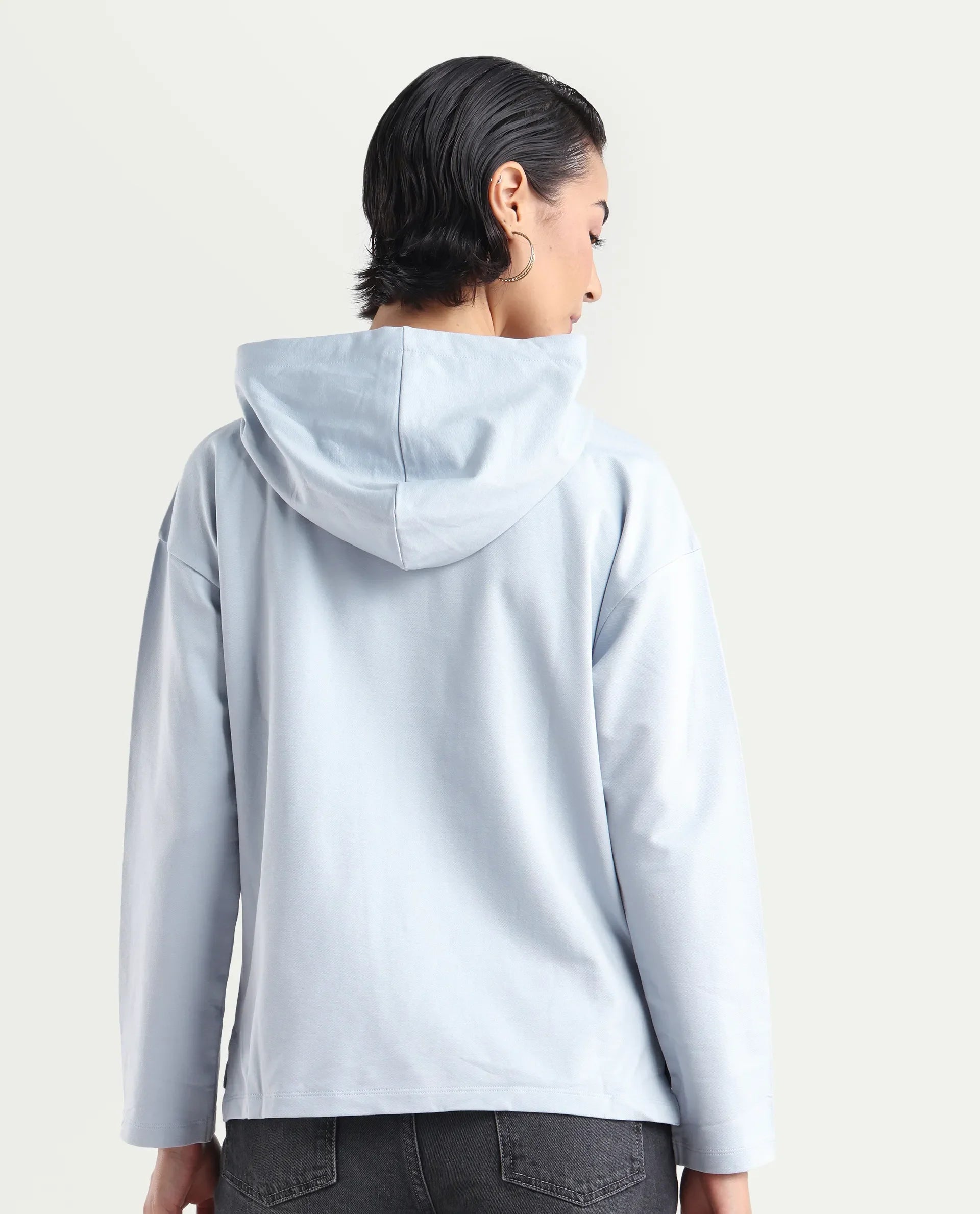Rareism Women's Leth Light Blue Cotton Blend Hooded Plain Relaxed Fit Sweatshirt