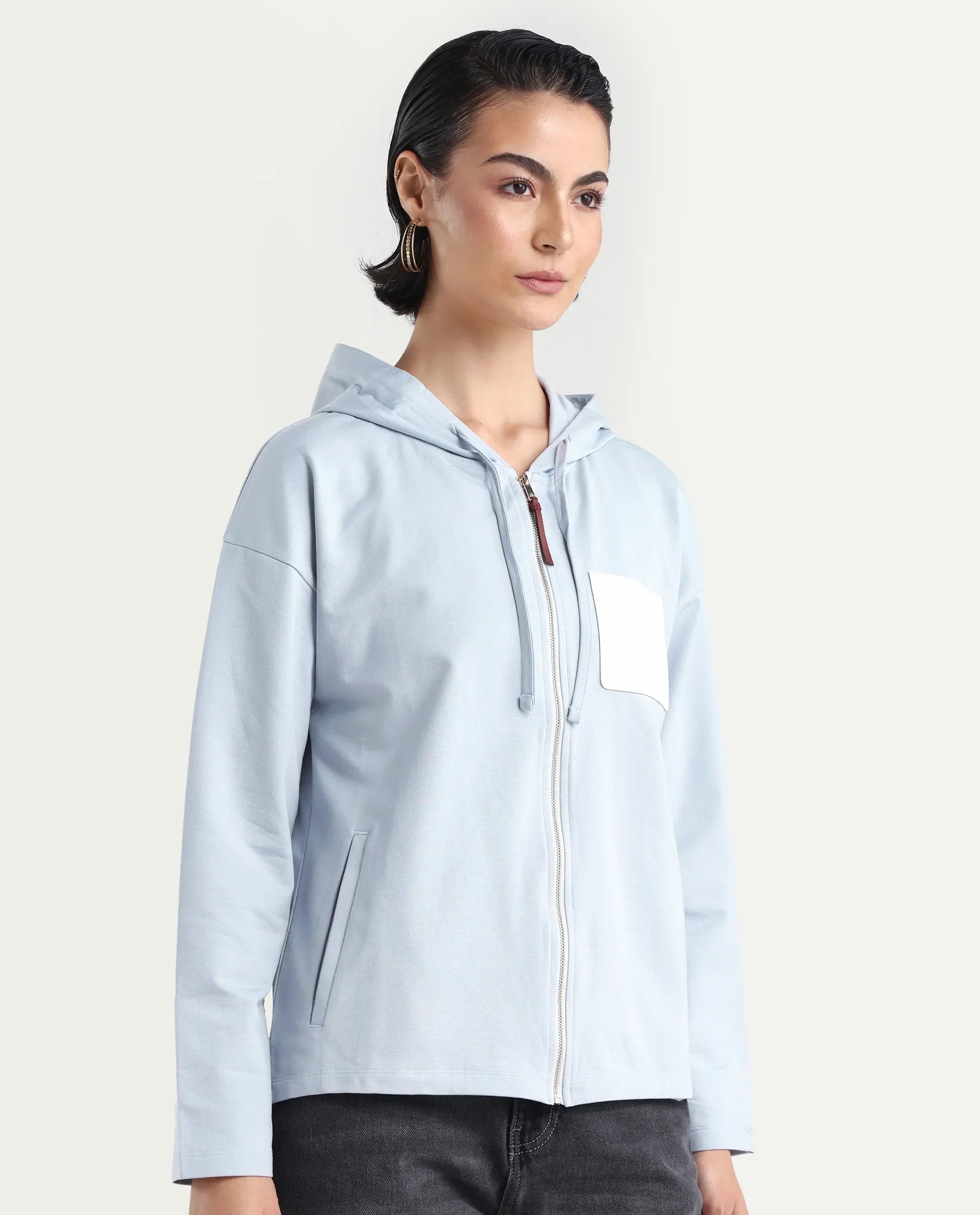 Rareism Women's Leth Light Blue Cotton Blend Hooded Plain Relaxed Fit Sweatshirt
