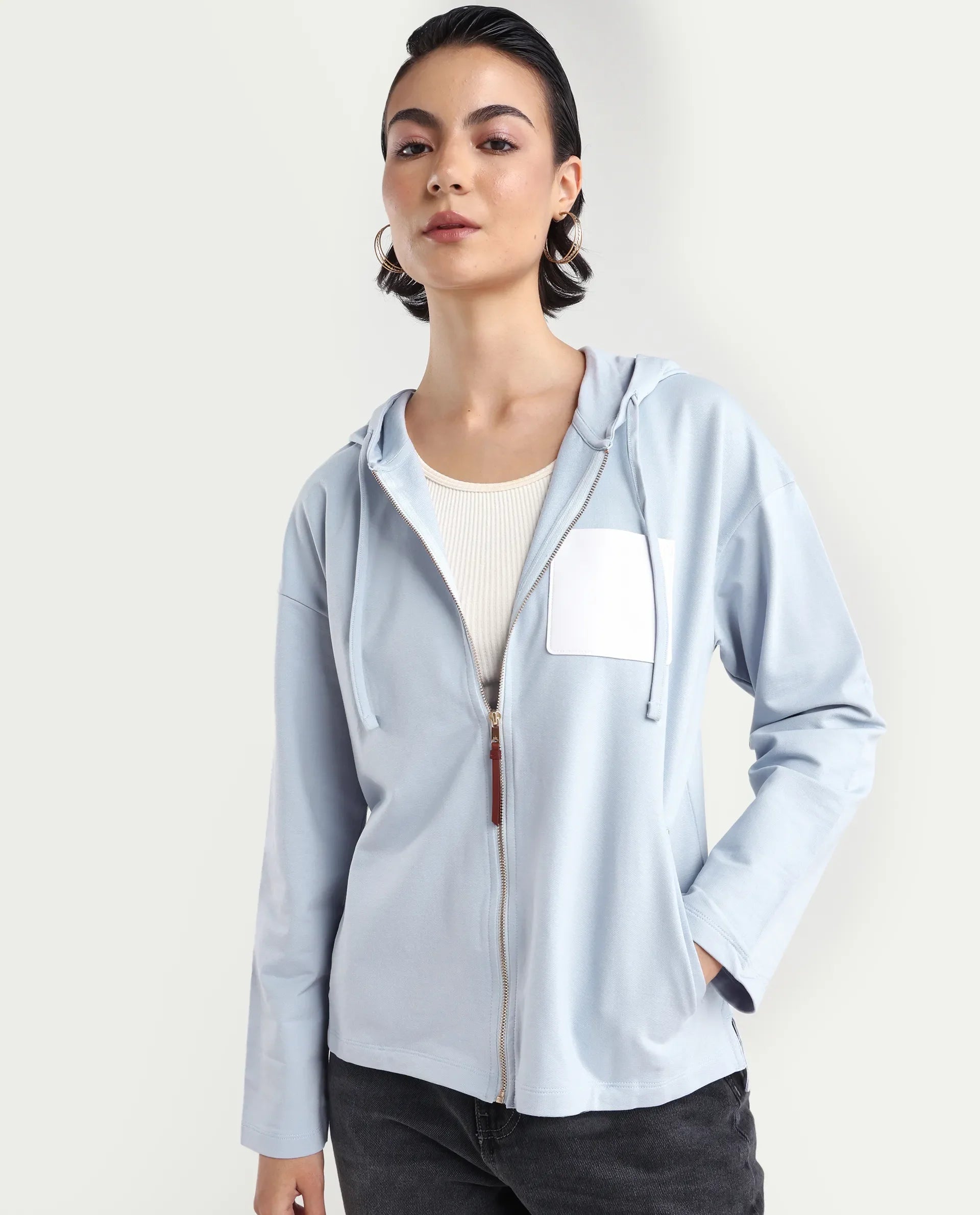 Rareism Women's Leth Light Blue Cotton Blend Hooded Plain Relaxed Fit Sweatshirt