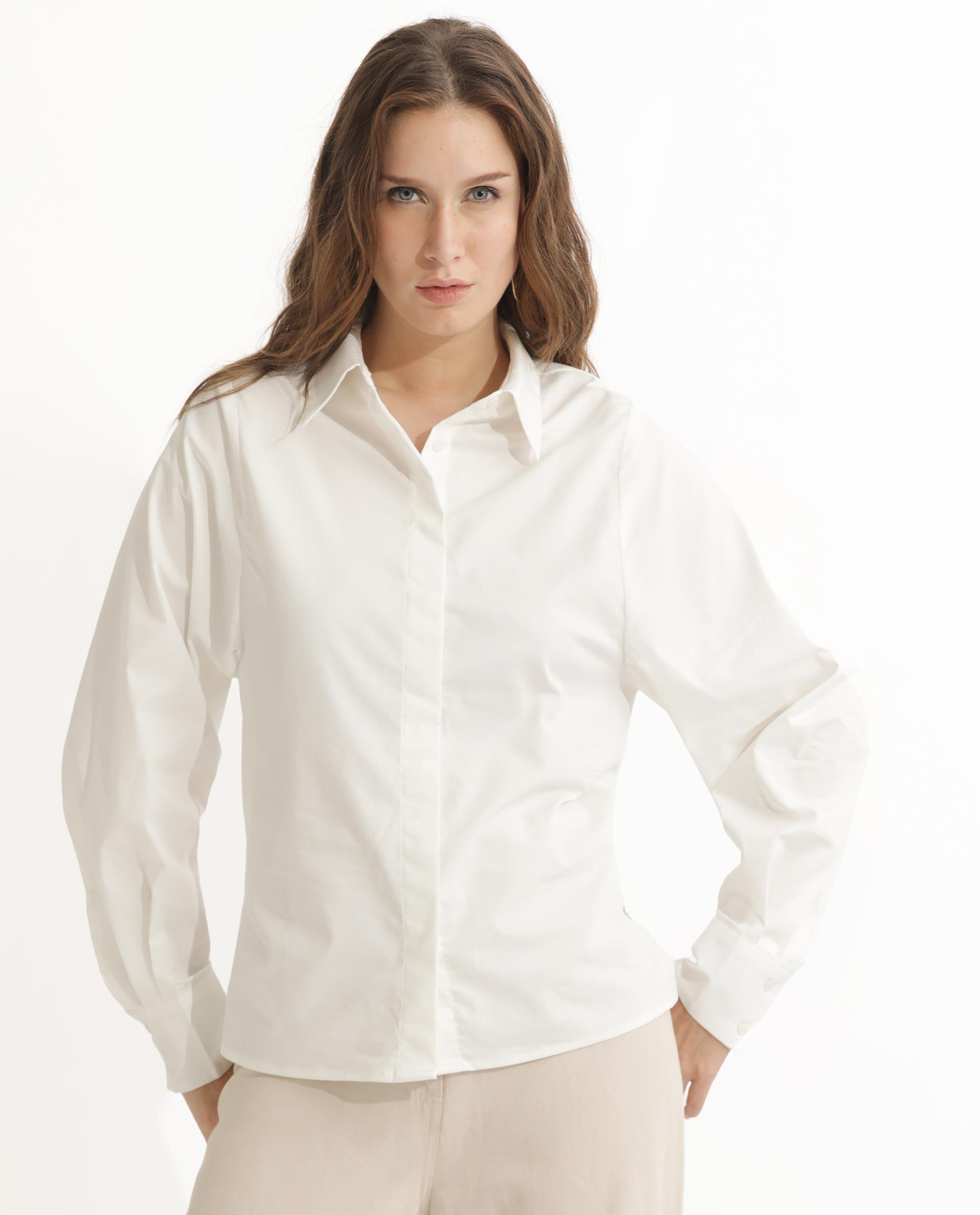 Rareism Women Letizia Off White Cotton Blend Fabric Regular Sleeve Shirt Collar Solid Shirt