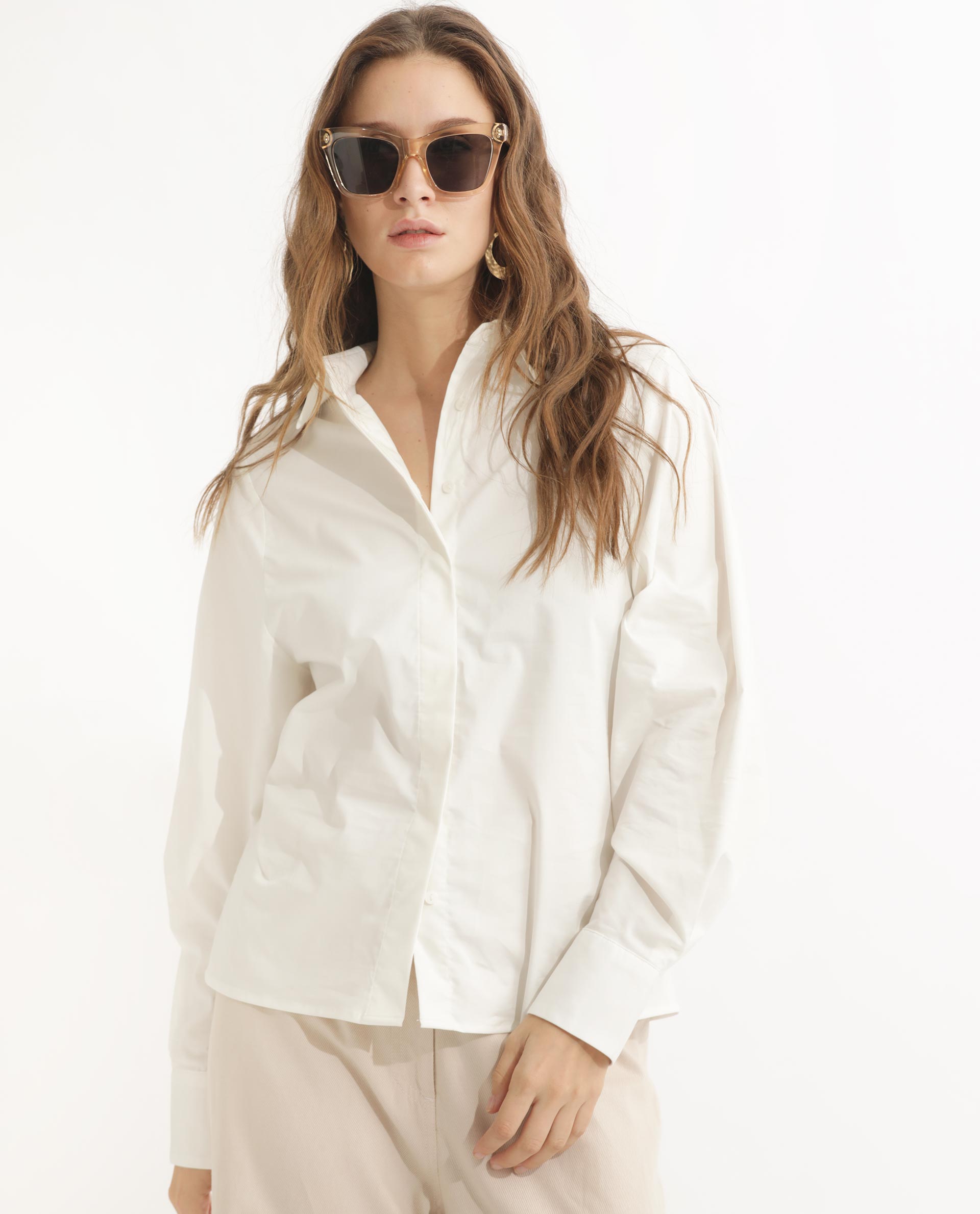 Rareism Women Letizia Off White Cotton Blend Fabric Regular Sleeve Shirt Collar Solid Shirt