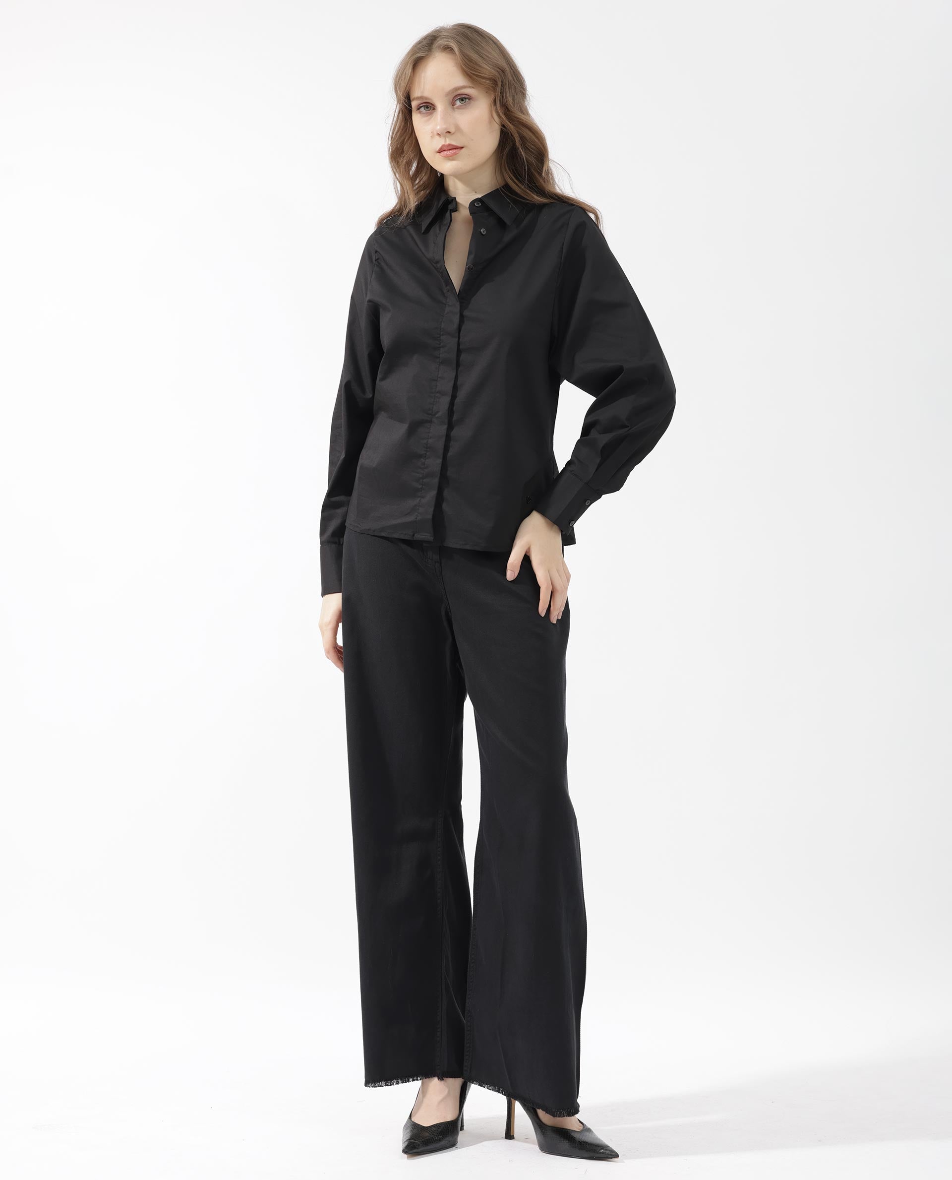 Rareism Womens Letizia Black Shirt Full Sleeve Hip Length Dyed