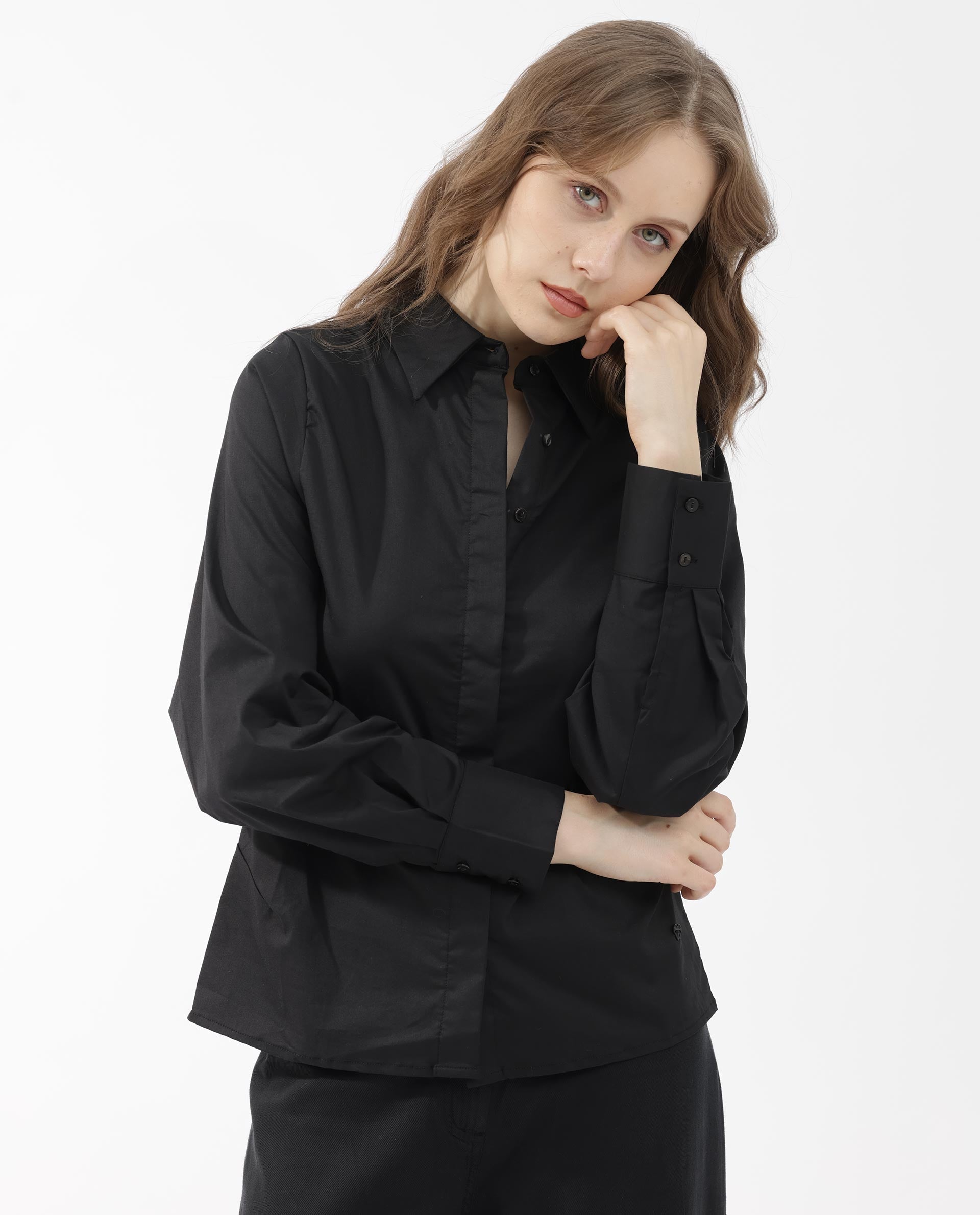 Rareism Women's Letizia Black Cotton Blend Spread Collar Plain Relaxed Fit Shirt
