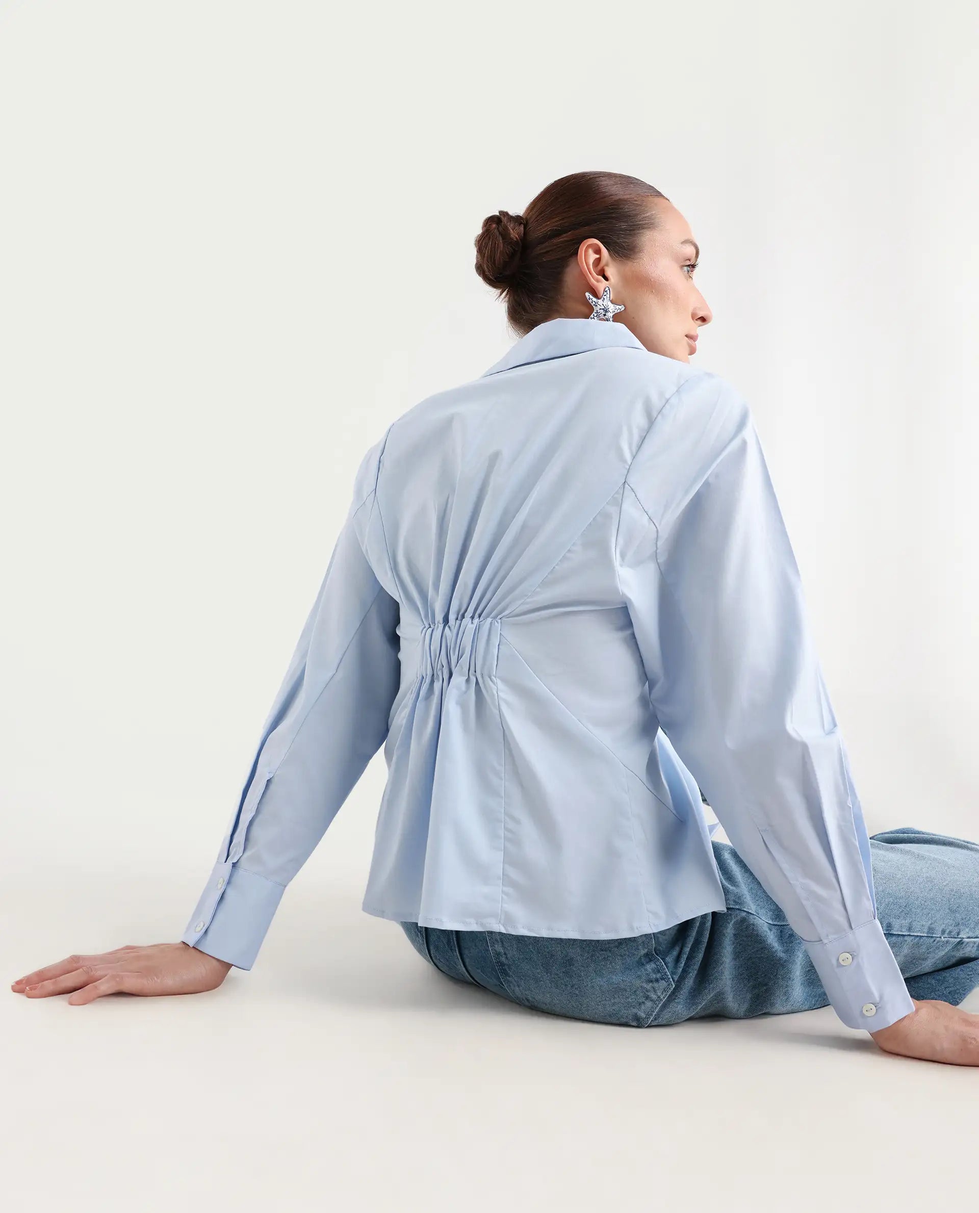 Rareism Women's Letizia Pastel Blue Cotton Blend Spread Collar Plain Relaxed Fit Shirt