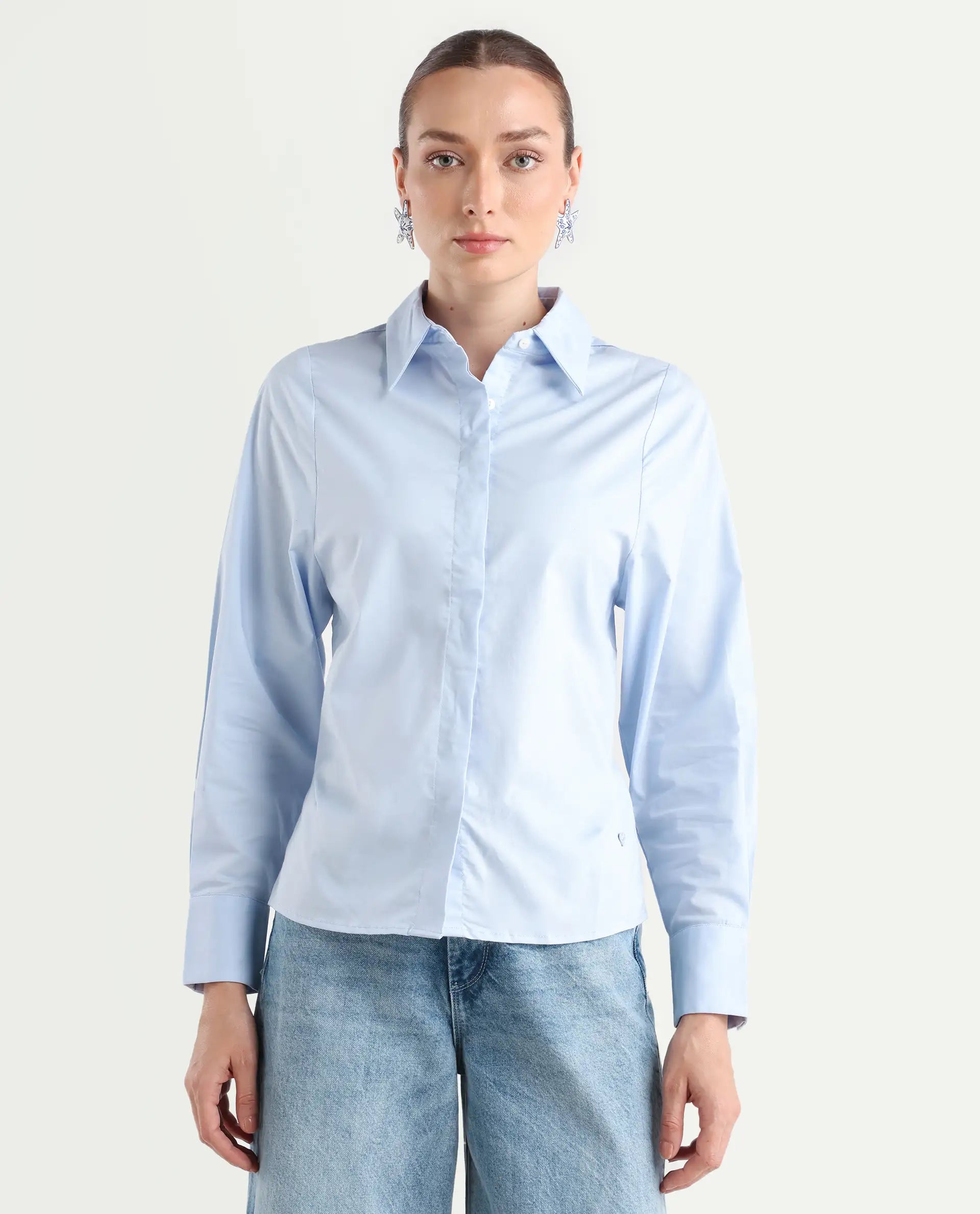 Rareism Women's Letizia Pastel Blue Cotton Blend Spread Collar Plain Relaxed Fit Shirt