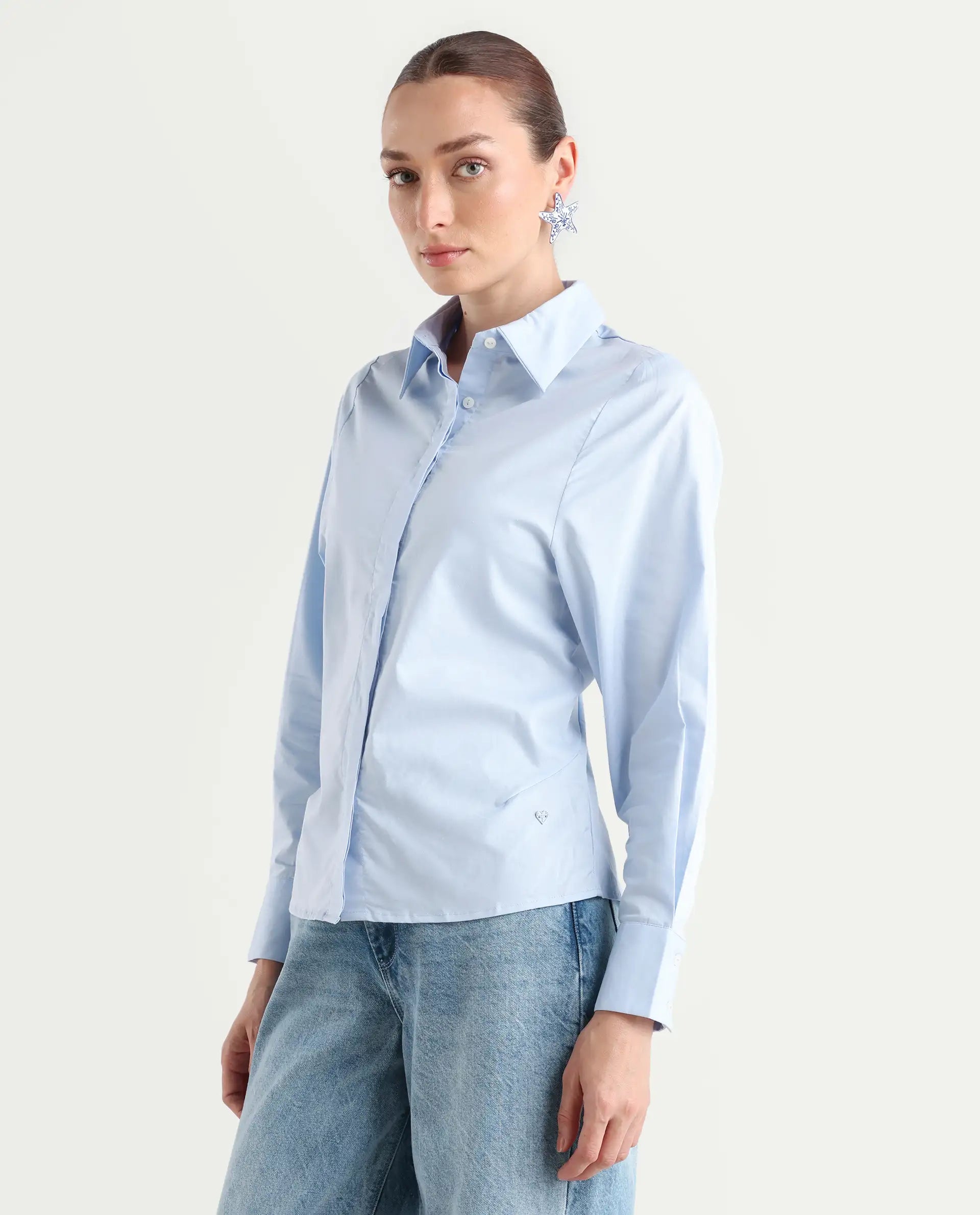 Rareism Women's Letizia Pastel Blue Cotton Blend Spread Collar Plain Relaxed Fit Shirt