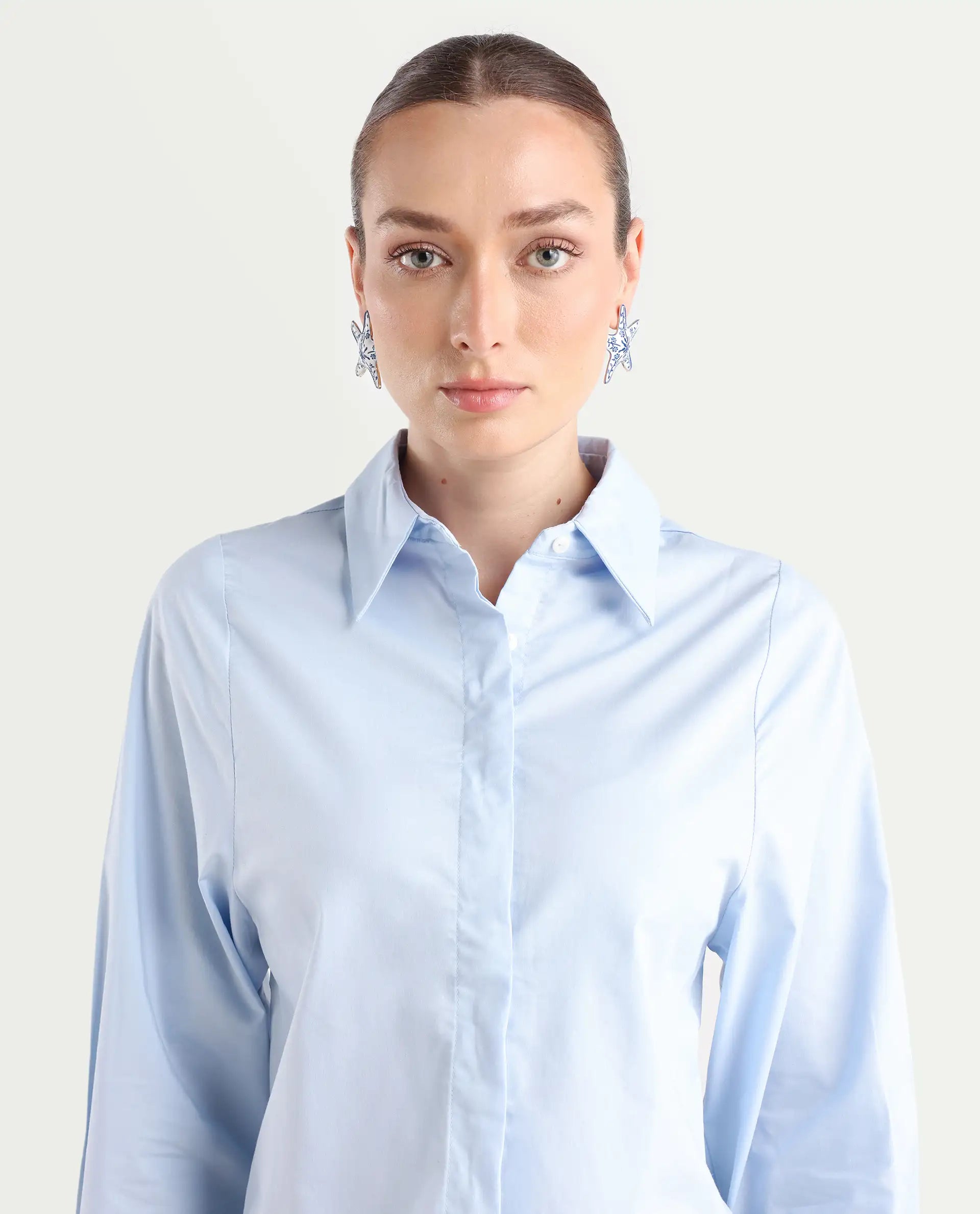 Rareism Women's Letizia Pastel Blue Cotton Blend Spread Collar Plain Relaxed Fit Shirt