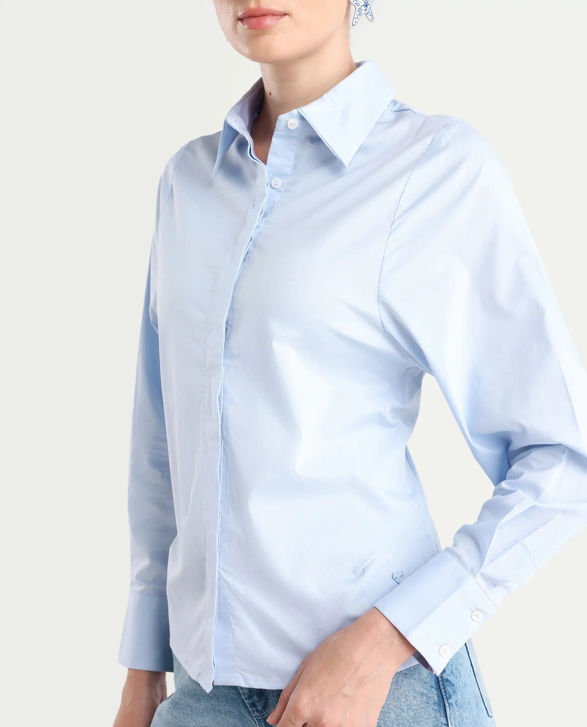 Rareism Women's Letizia Pastel Blue Cotton Blend Spread Collar Plain Relaxed Fit Shirt
