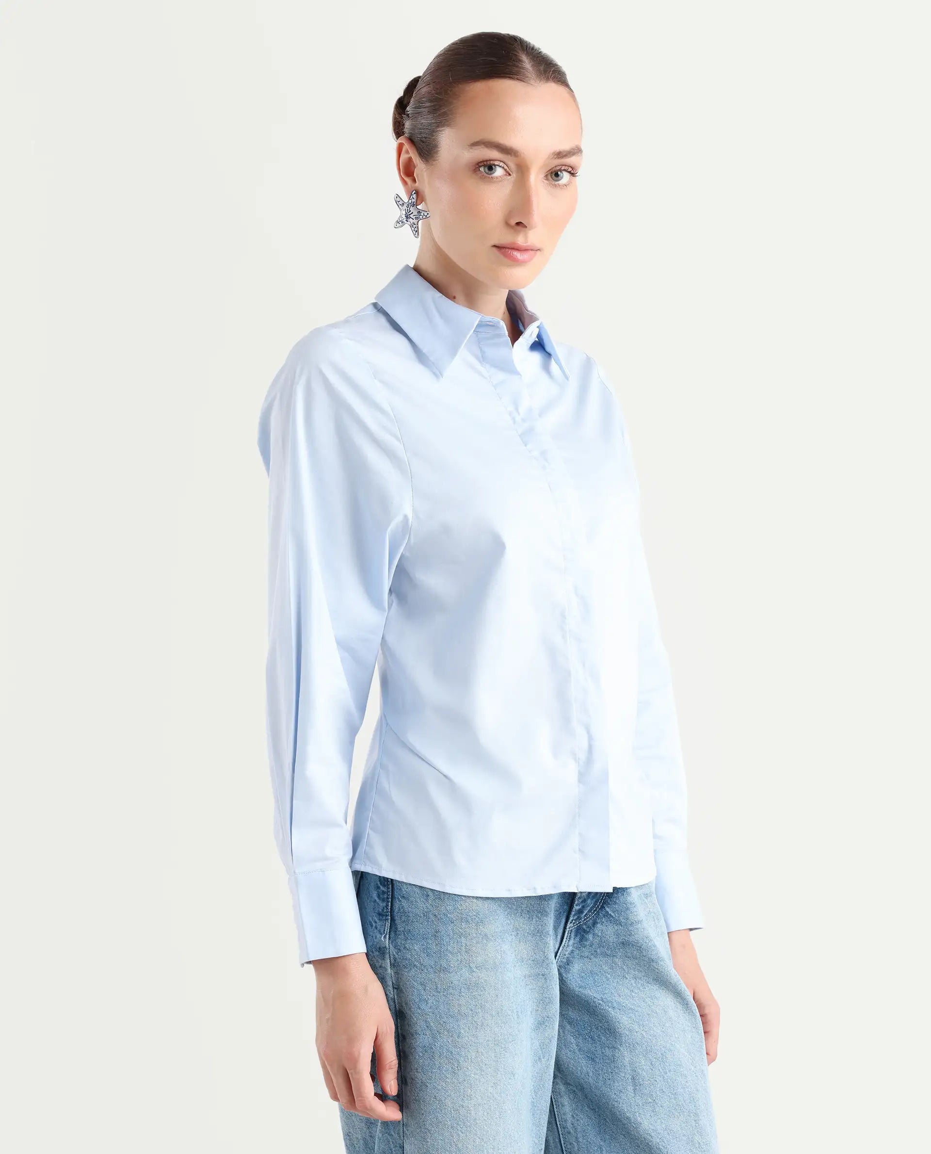 Rareism Women's Letizia Pastel Blue Cotton Blend Spread Collar Plain Relaxed Fit Shirt