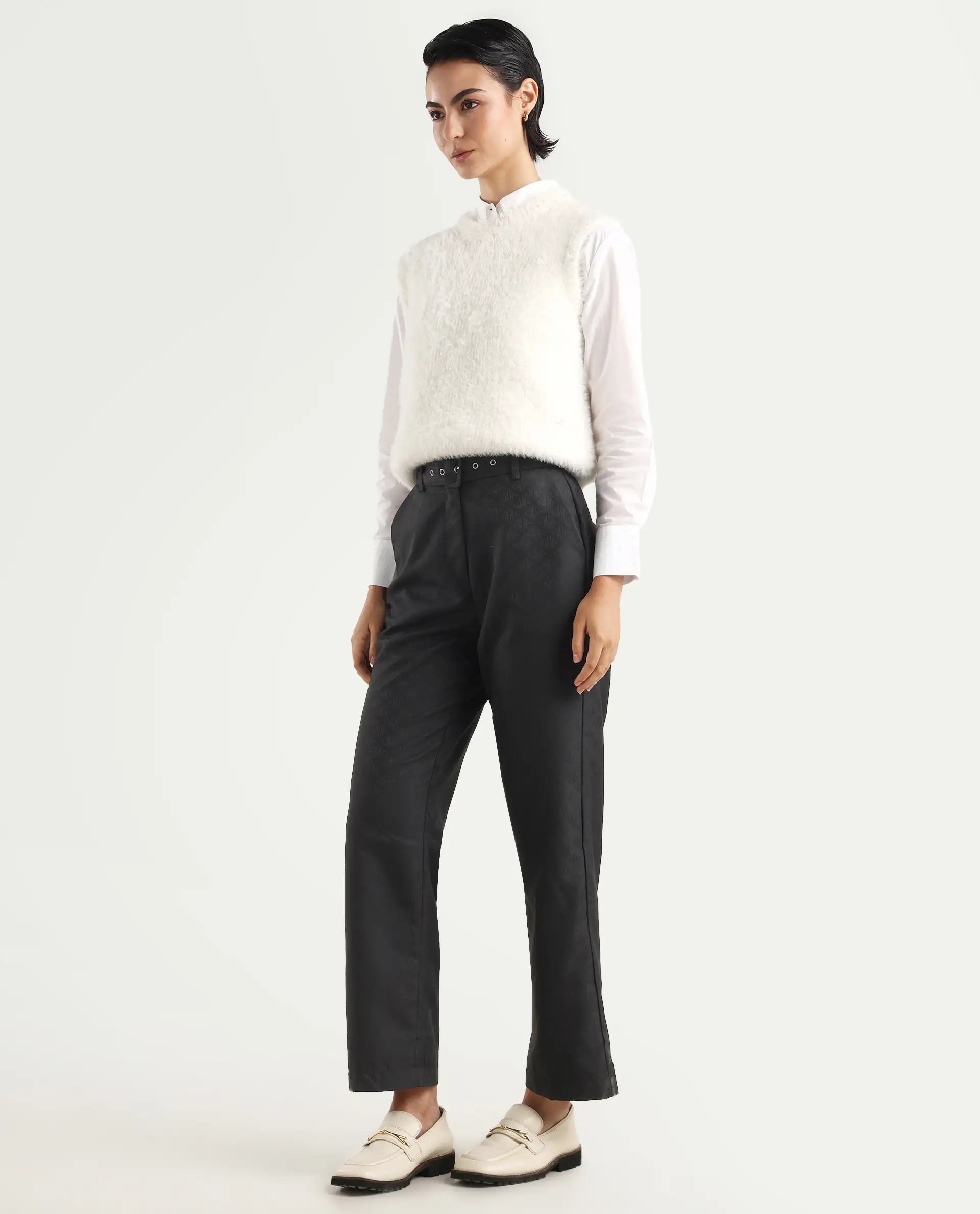 Rareism Women's Levels Black Polyester Plain Ankle Length Tapered Trouser