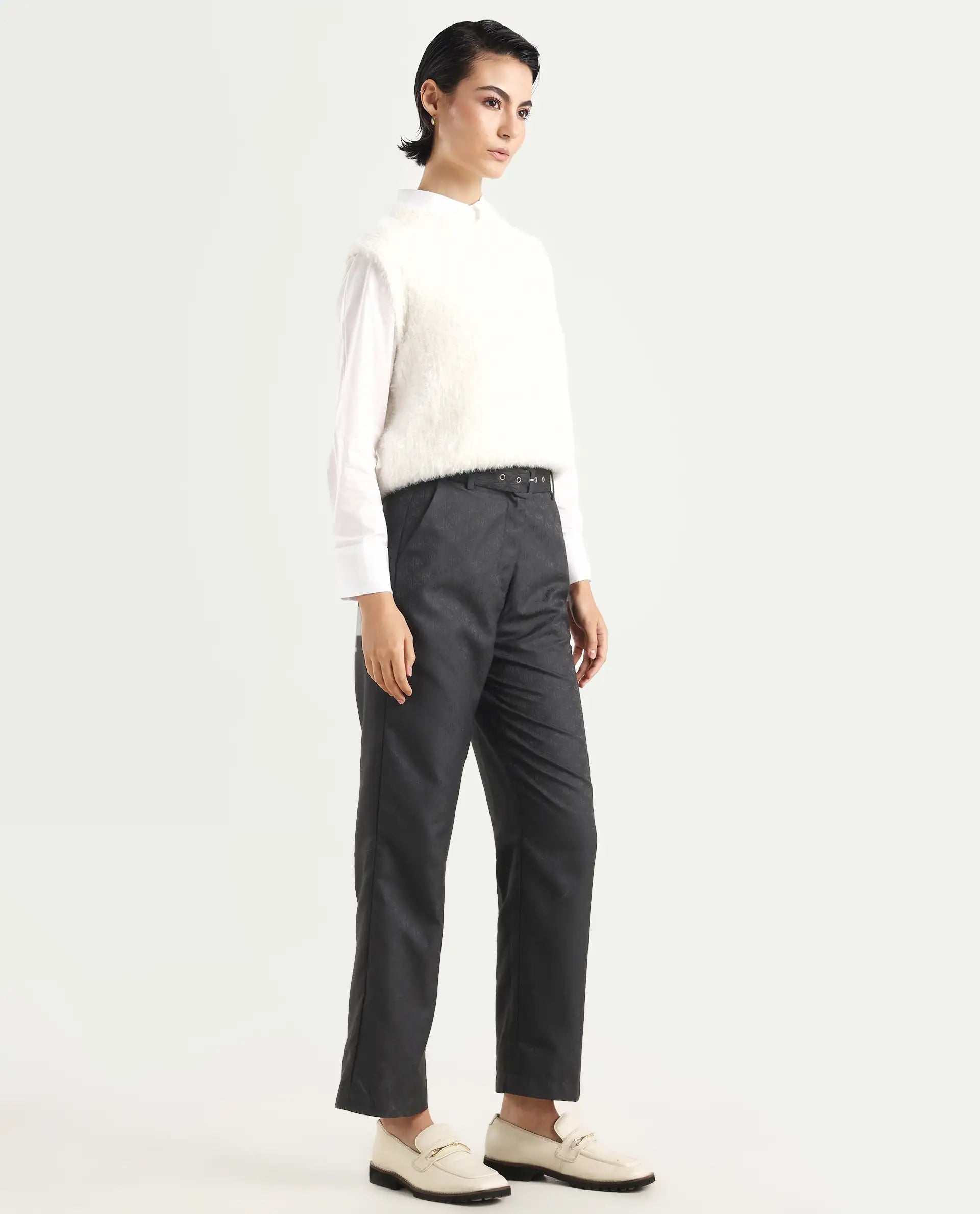 Rareism Women's Levels Black Polyester Plain Ankle Length Tapered Trouser