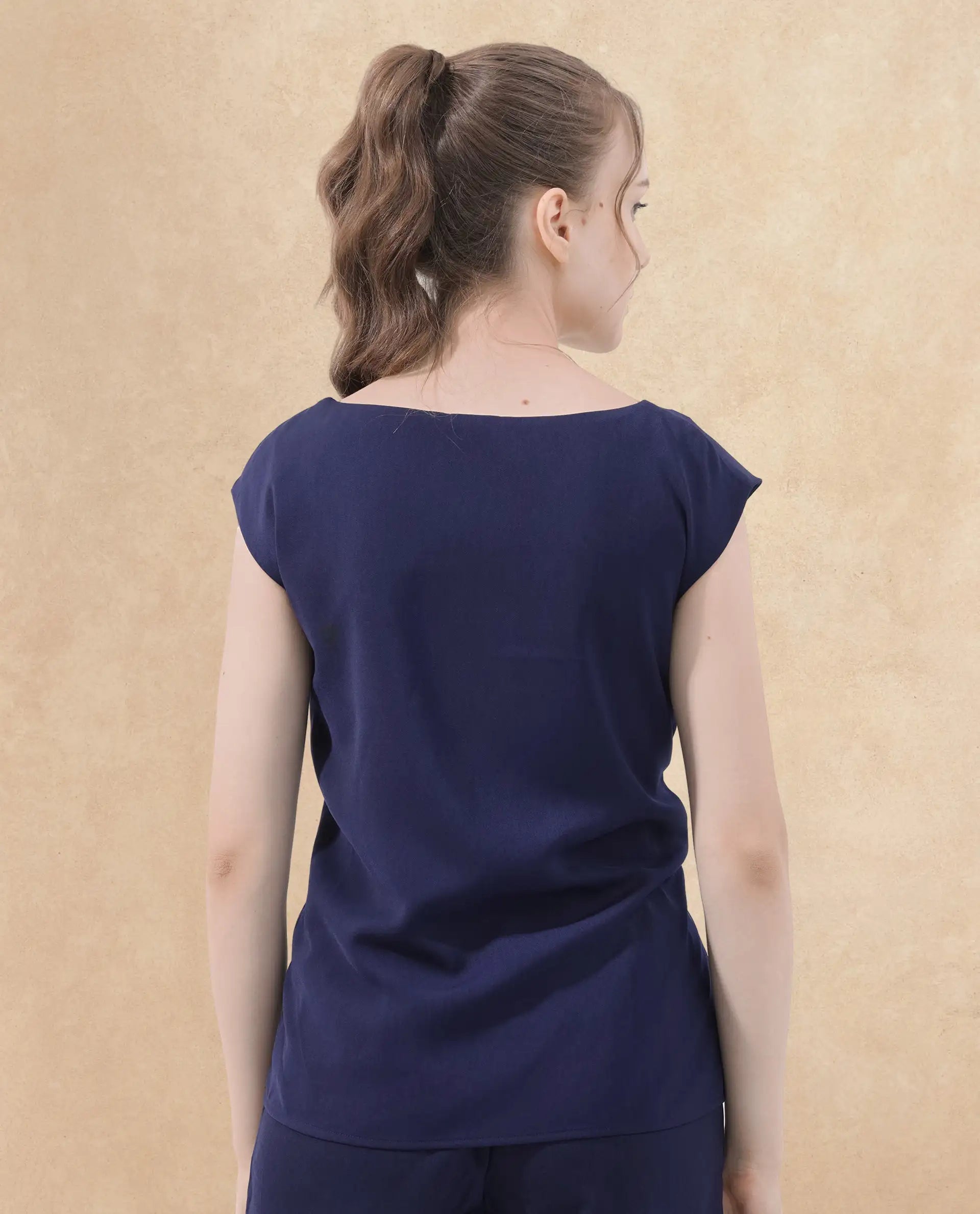 Rareism Women Leville-T Dark Blue Polyester Fabric Cap Sleeve Boat Neck Solid Short Top