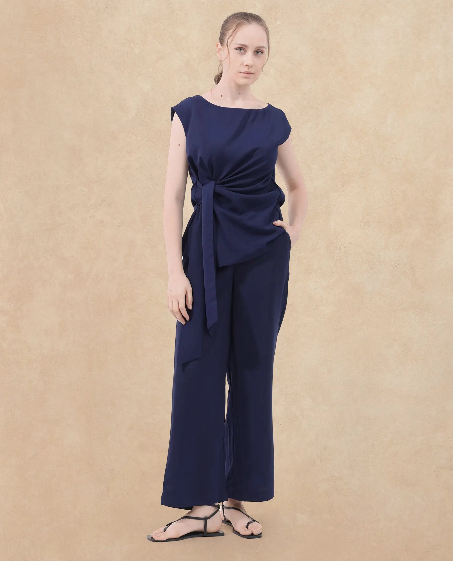 Rareism Women Leville-T Dark Blue Polyester Fabric Cap Sleeve Boat Neck Solid Short Top