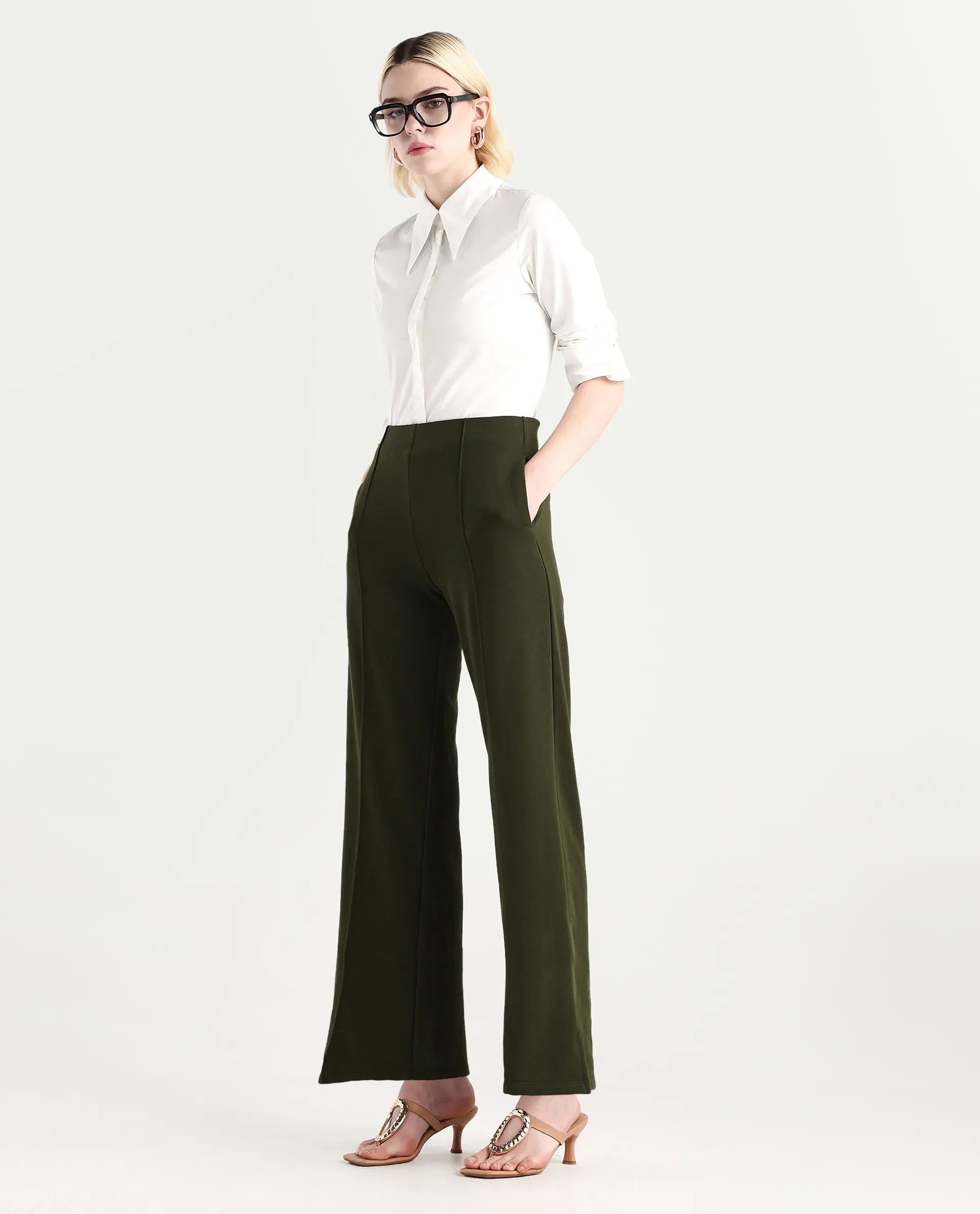 Rareism Women's Lexi Dark Olive Cotton Blend Straight Fit Track Pant