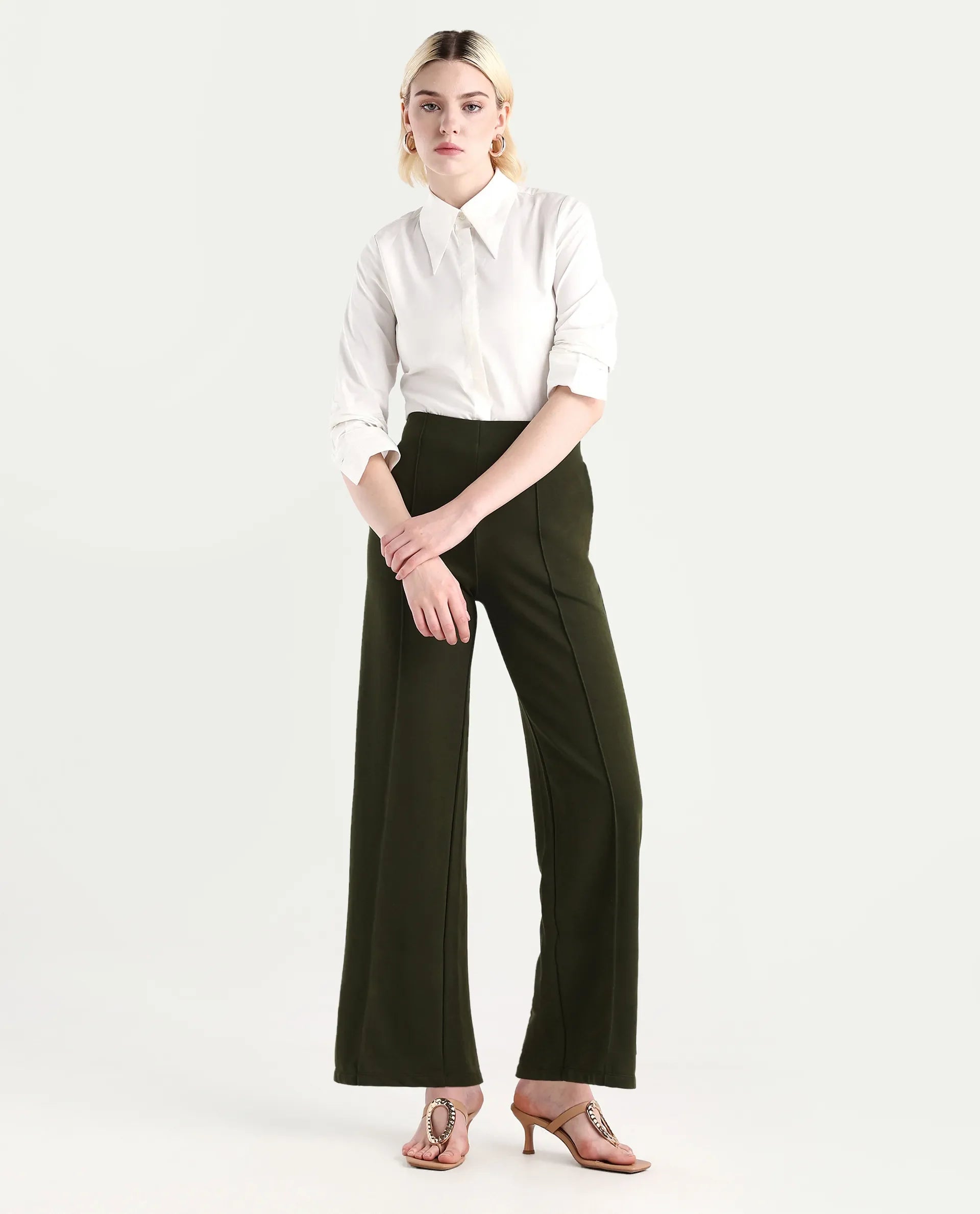 Rareism Women's Lexi Dark Olive Cotton Blend Straight Fit Track Pant