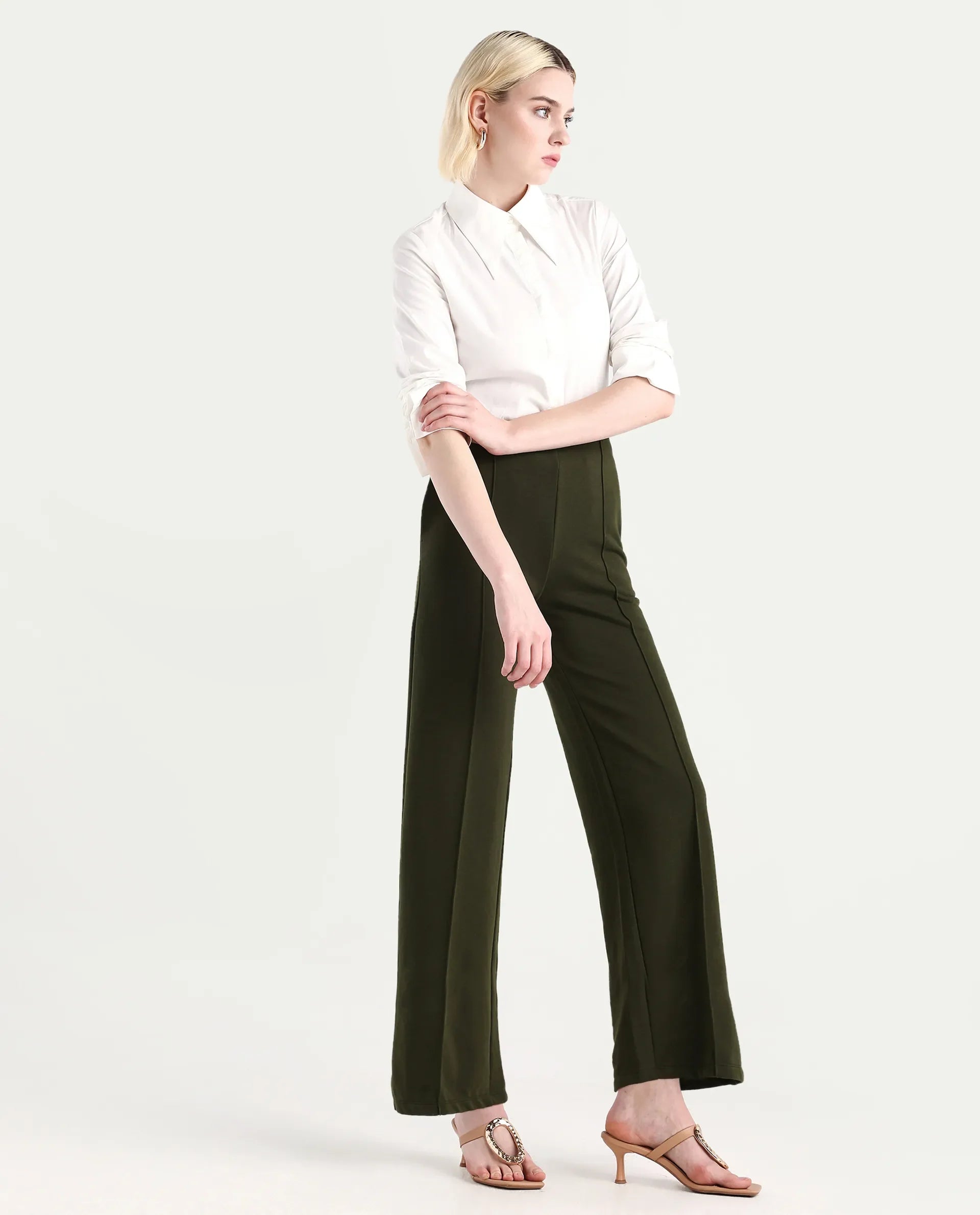 Rareism Women's Lexi Dark Olive Cotton Blend Straight Fit Track Pant