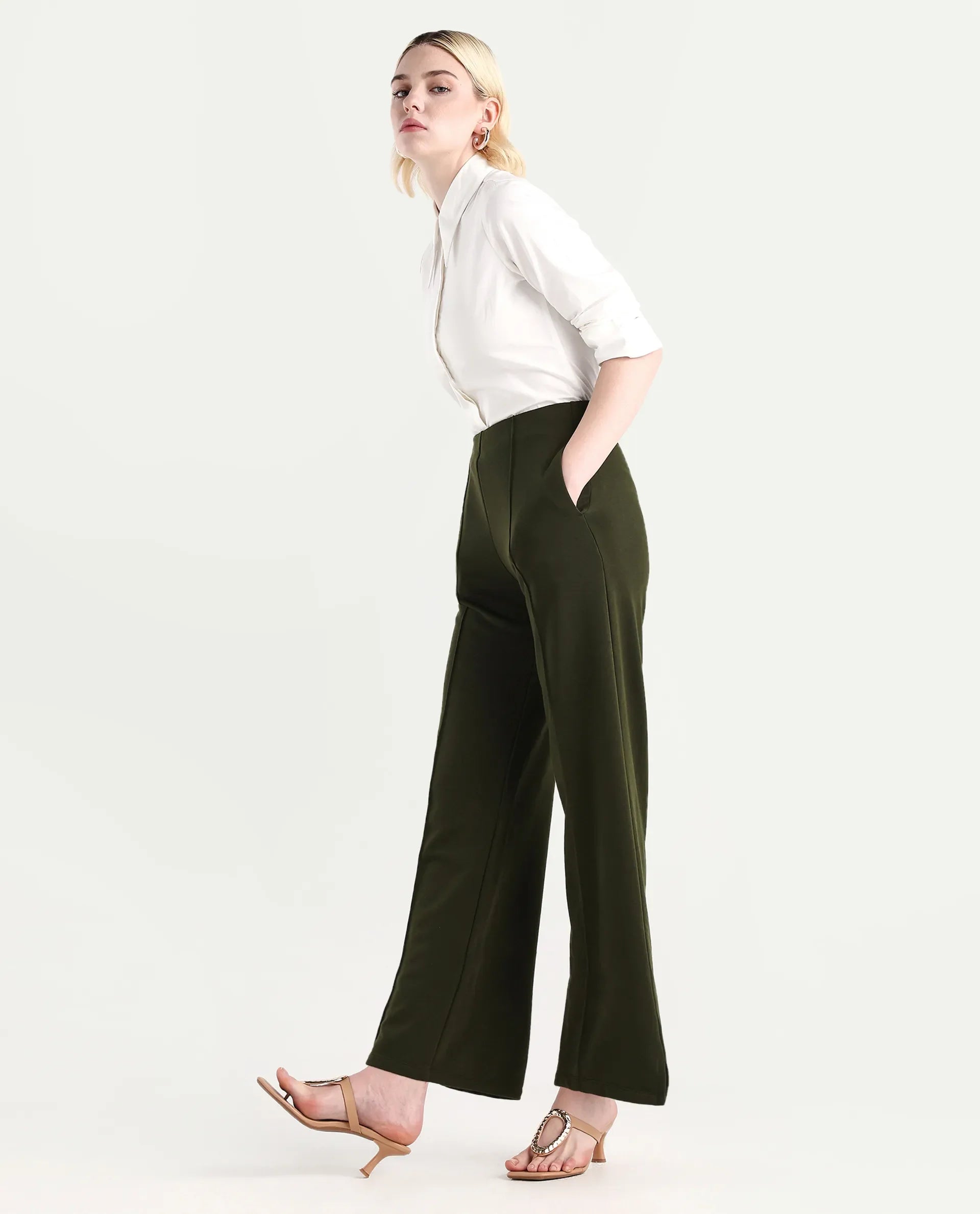 Rareism Women's Lexi Dark Olive Cotton Blend Straight Fit Track Pant