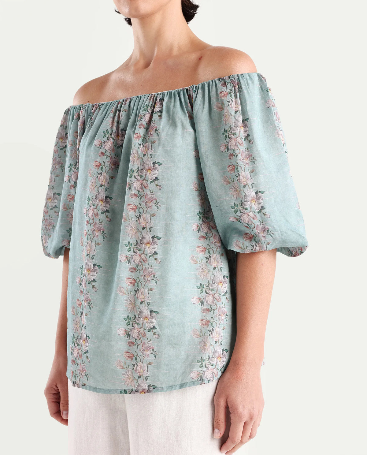 Rareism Women's Leyan Dusky Blue Viscose Blend Square Neck Floral Print Balloon Sleeve Relaxed Fit Top