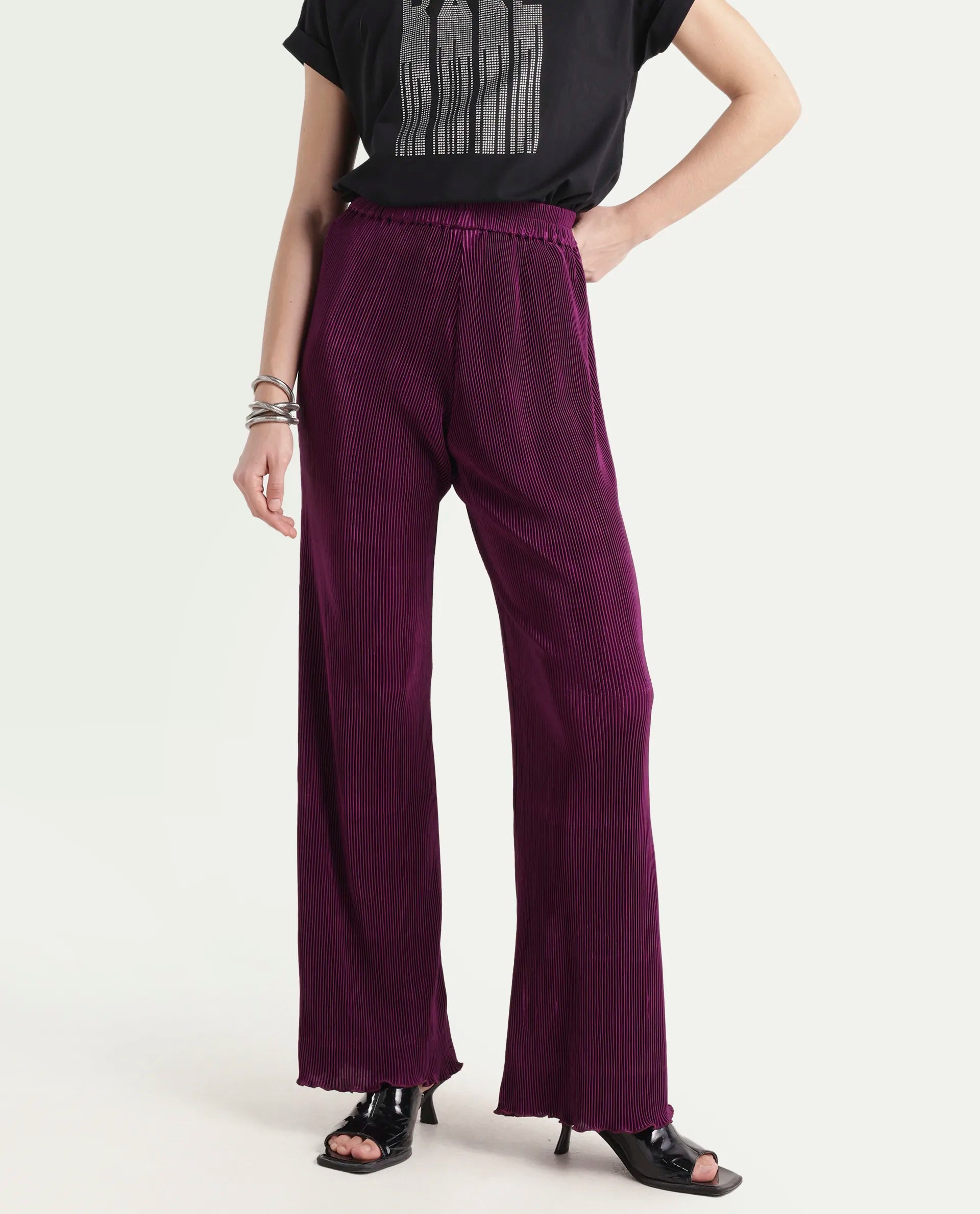 Rareism Women's Licyle Maroon Polyester Plain Ankle Length Regular Fit Trouser