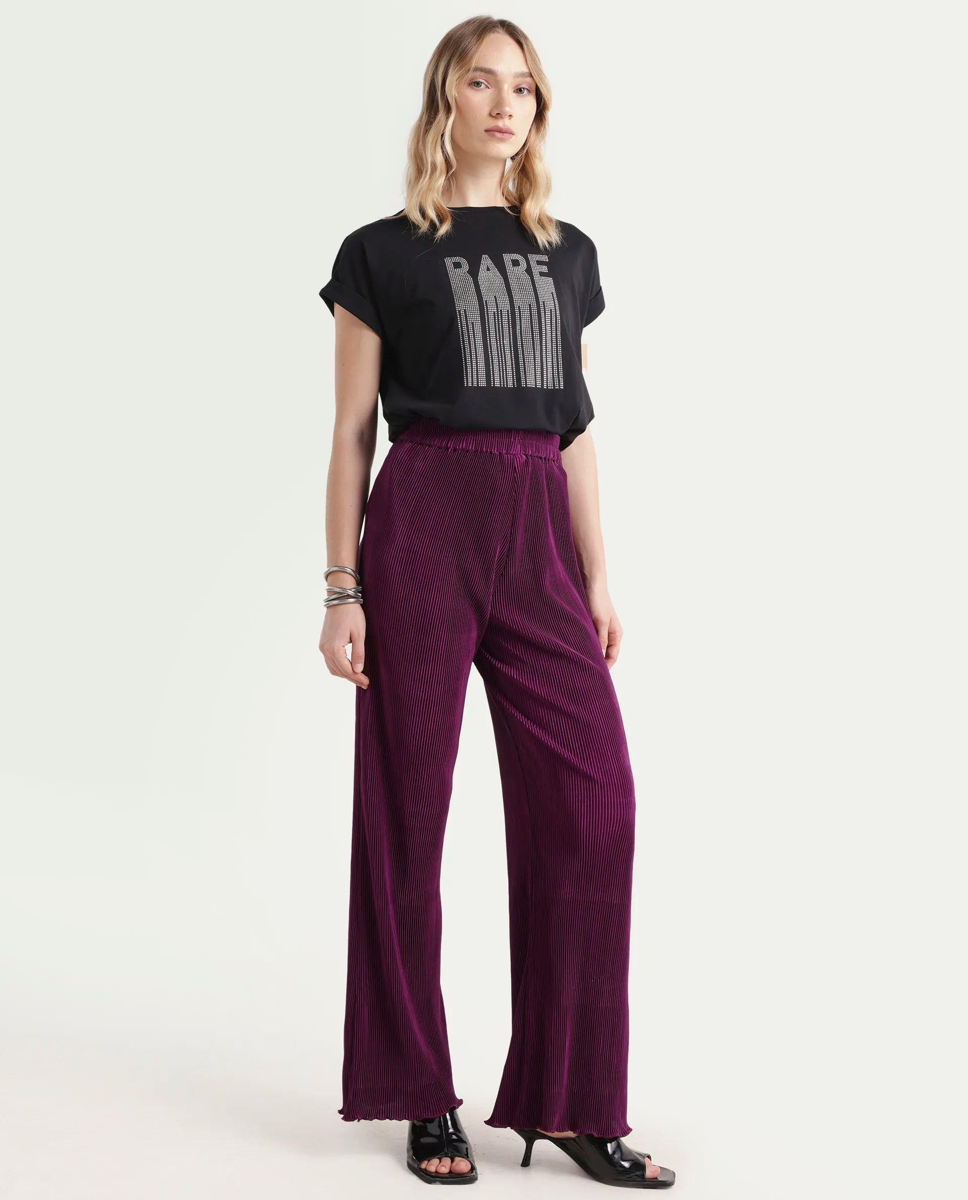 Rareism Women's Licyle Maroon Polyester Plain Ankle Length Regular Fit Trouser