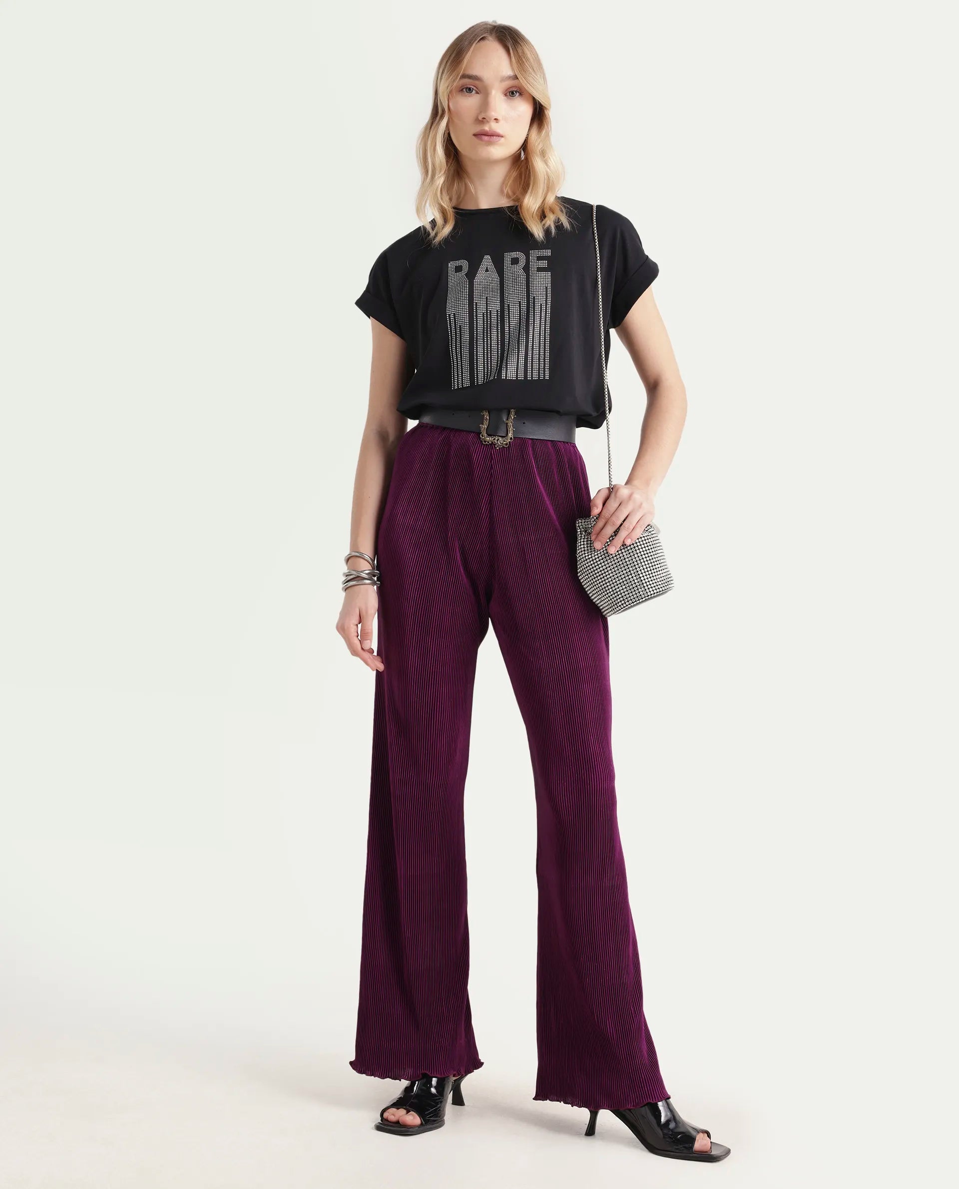 Rareism Women's Licyle Maroon Polyester Plain Ankle Length Regular Fit Trouser