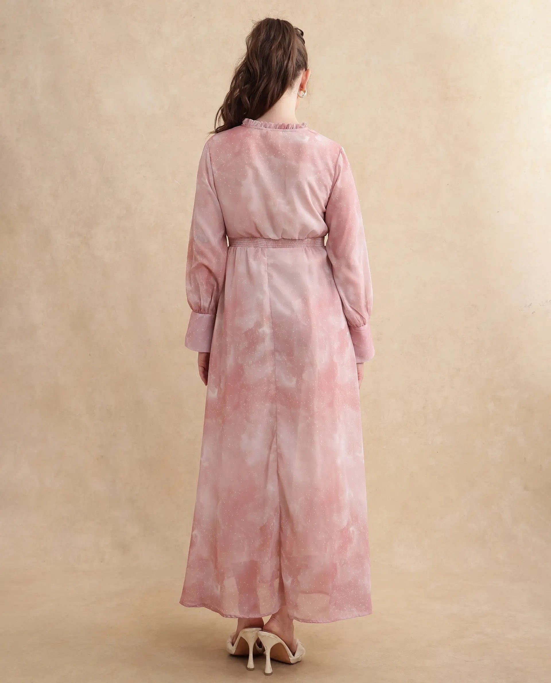 Rareism Women's Likp Pink Polyester Sweetheart Neck Abstract Print Bishop Sleeve Midi Fit And Flare Dress