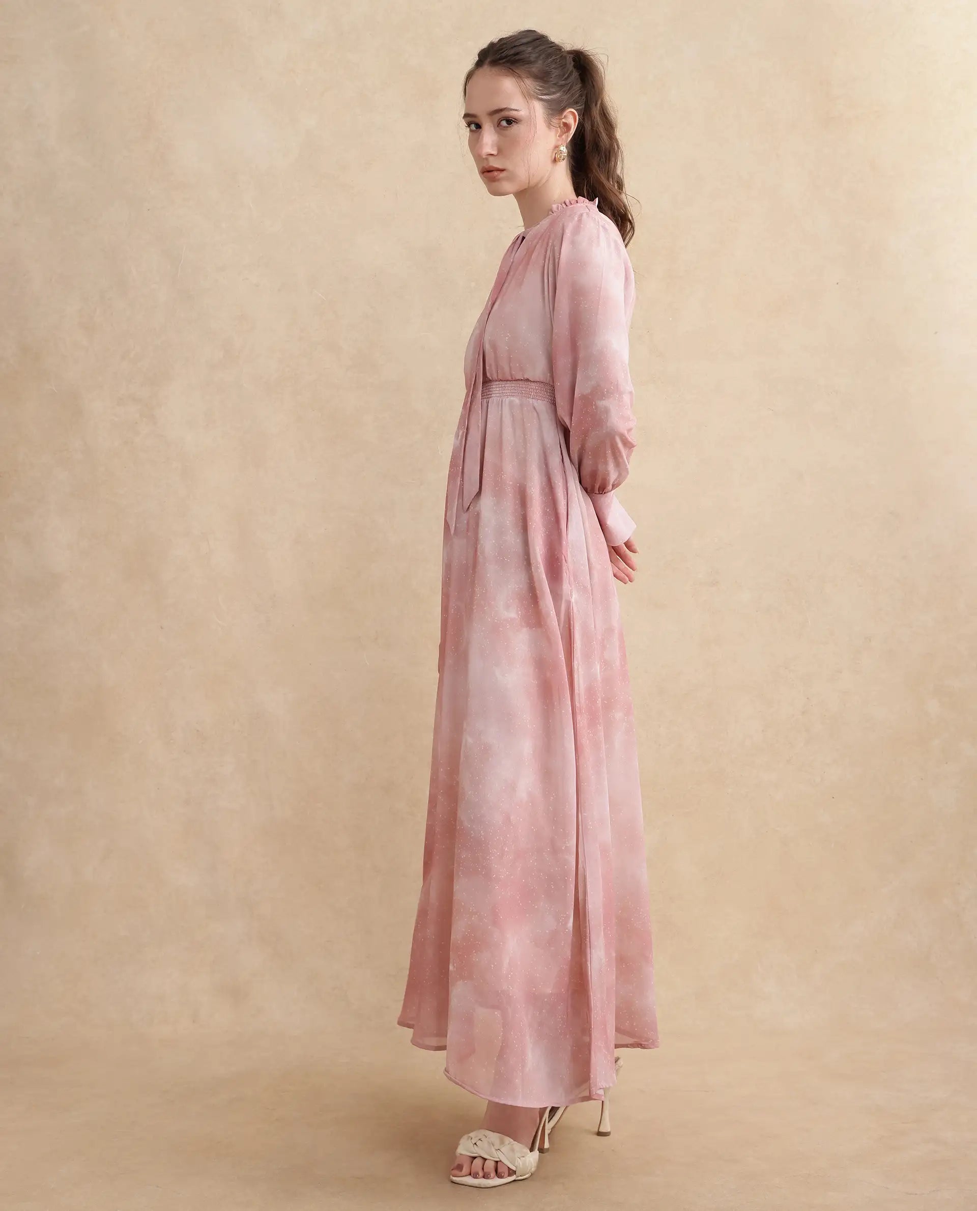 Rareism Women's Likp Pink Polyester Sweetheart Neck Abstract Print Bishop Sleeve Midi Fit And Flare Dress