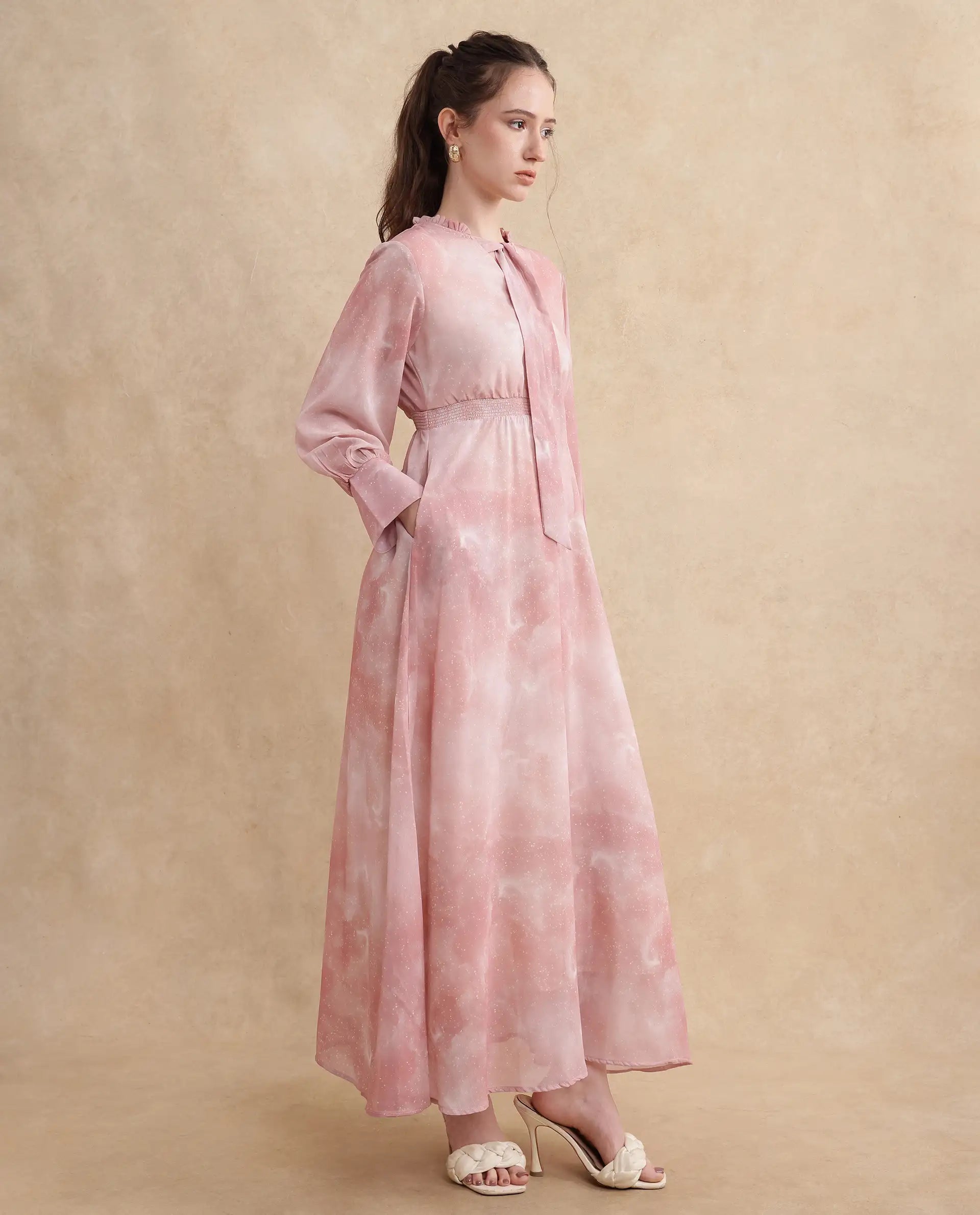 Rareism Women's Likp Pink Polyester Sweetheart Neck Abstract Print Bishop Sleeve Midi Fit And Flare Dress
