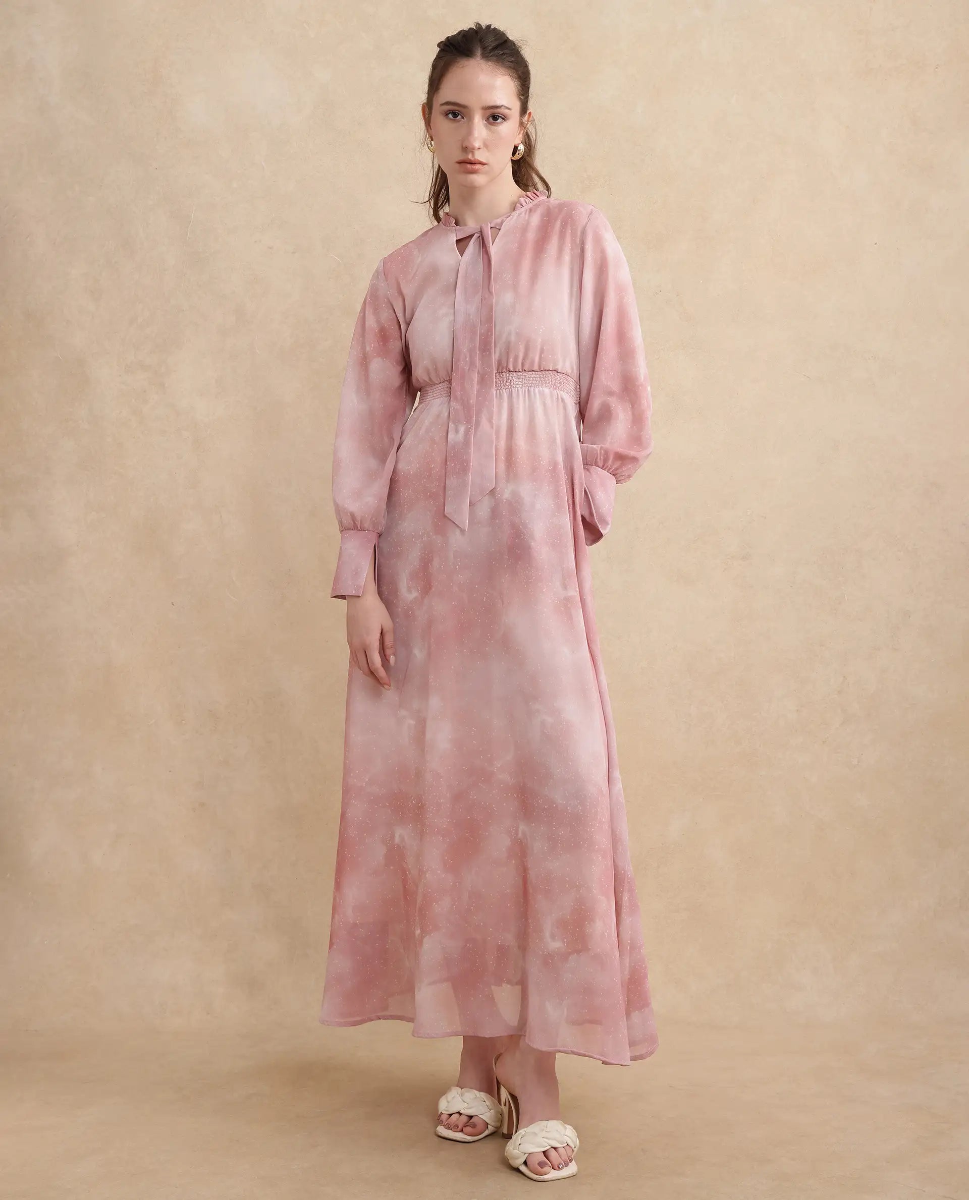 Rareism Women's Likp Pink Polyester Sweetheart Neck Abstract Print Bishop Sleeve Midi Fit And Flare Dress