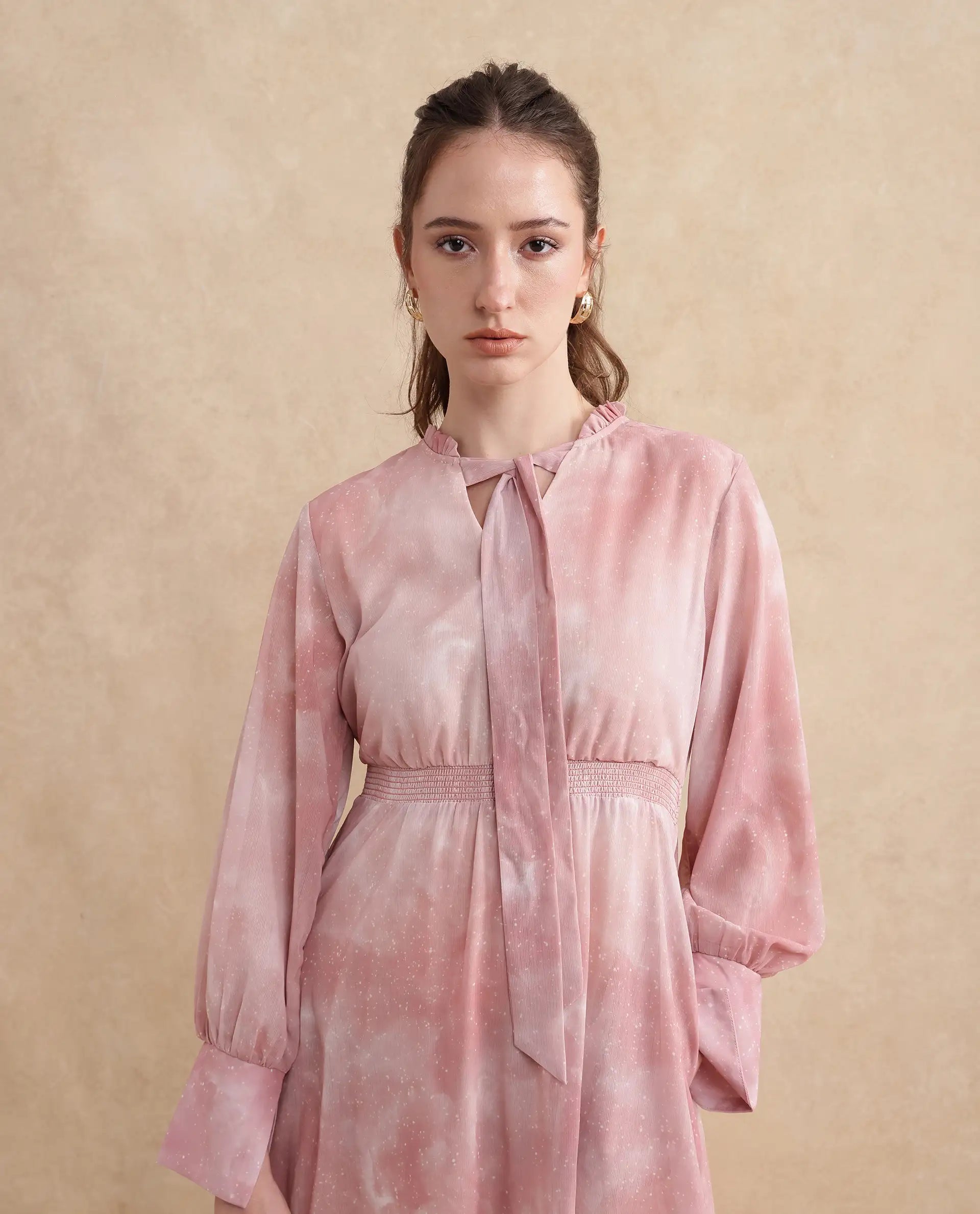 Rareism Women's Likp Pink Polyester Sweetheart Neck Abstract Print Bishop Sleeve Midi Fit And Flare Dress