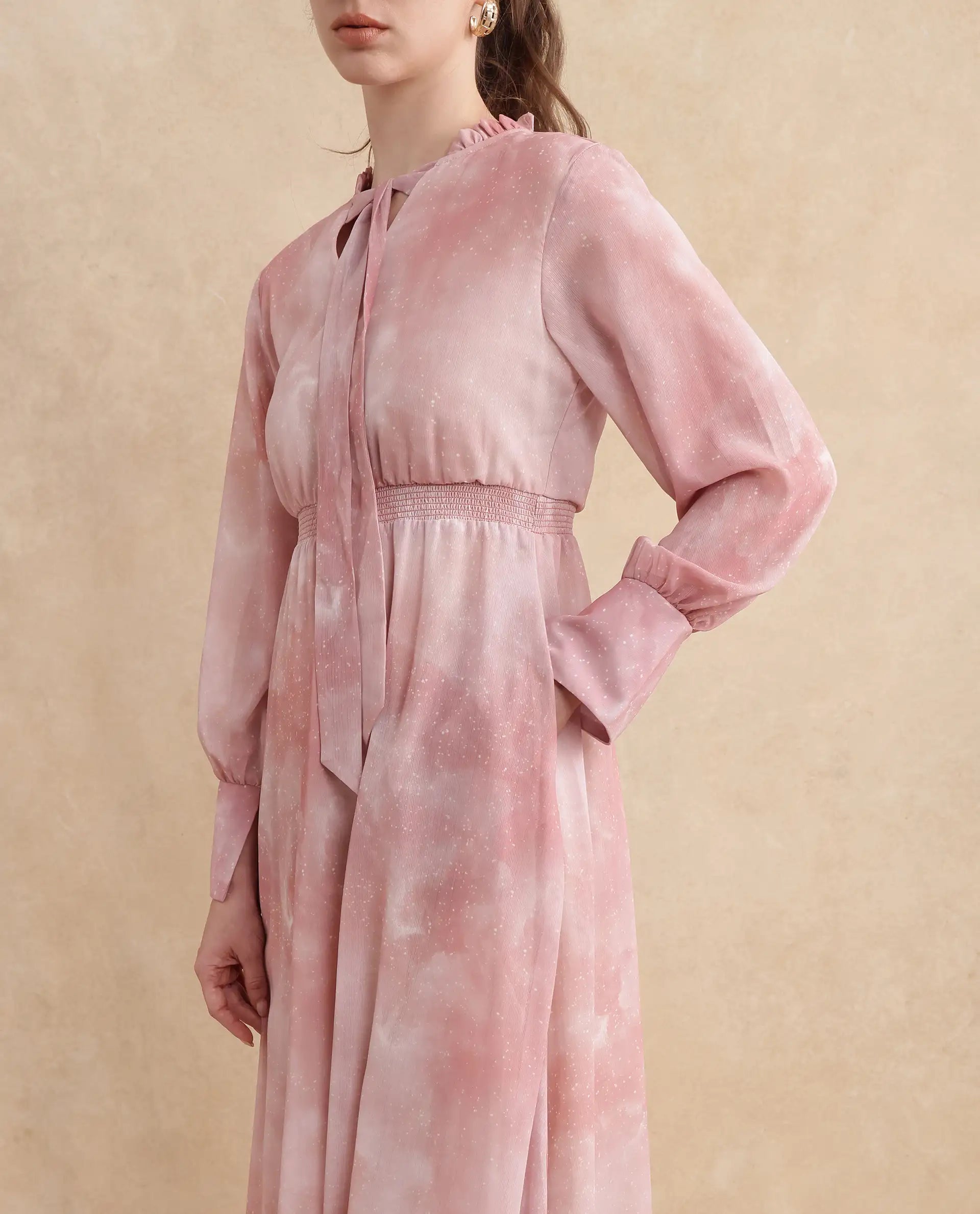 Rareism Women's Likp Pink Polyester Sweetheart Neck Abstract Print Bishop Sleeve Midi Fit And Flare Dress