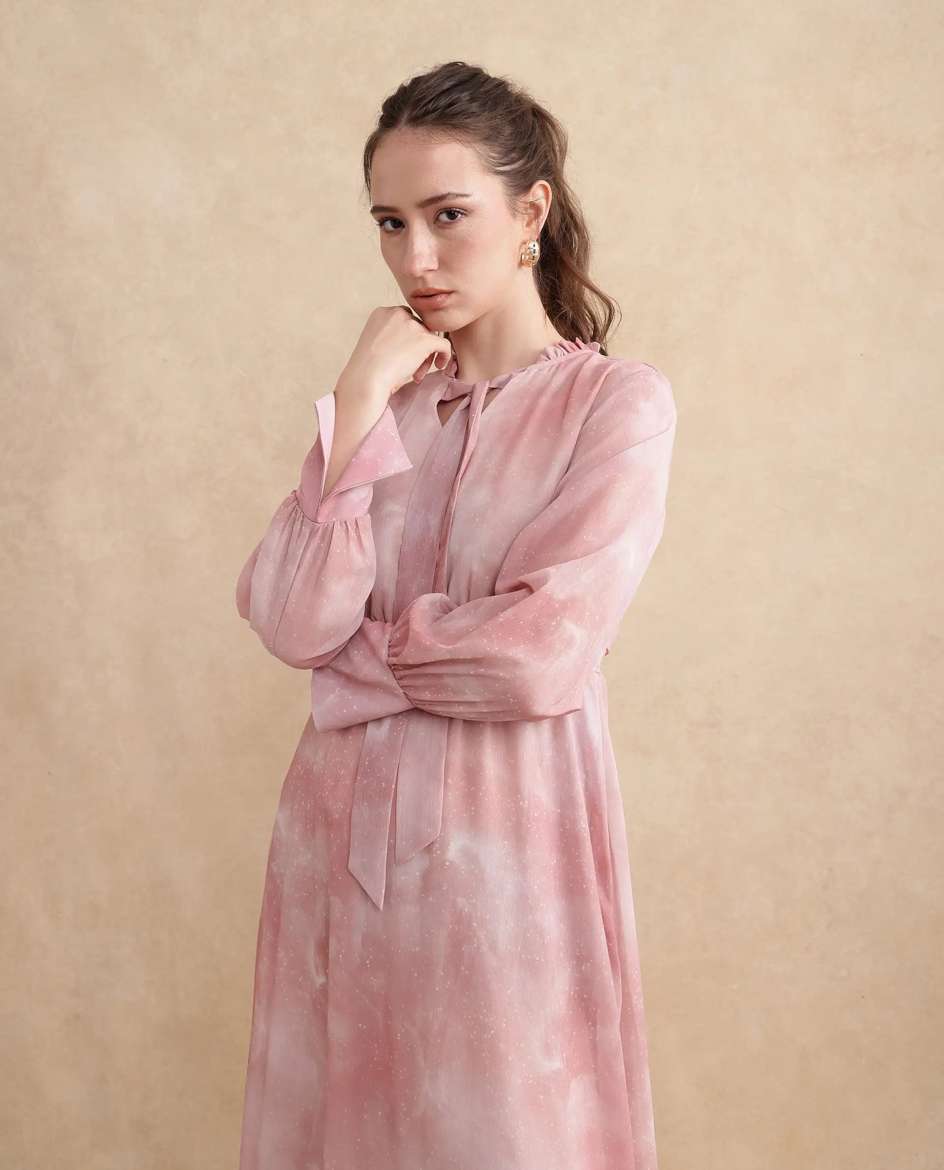 Rareism Women's Likp Pink Polyester Sweetheart Neck Abstract Print Bishop Sleeve Midi Fit And Flare Dress