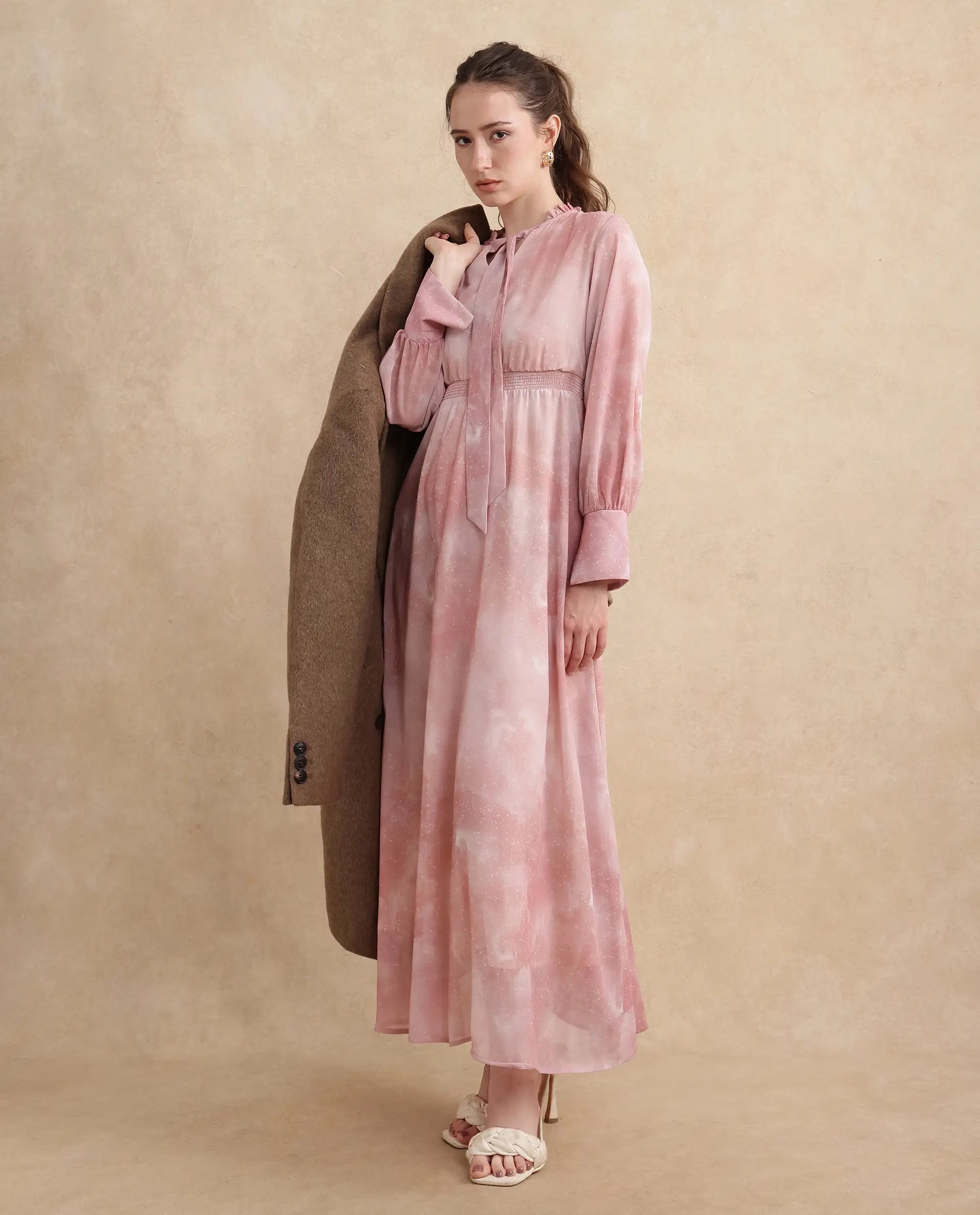 Rareism Women's Likp Pink Polyester Sweetheart Neck Abstract Print Bishop Sleeve Midi Fit And Flare Dress