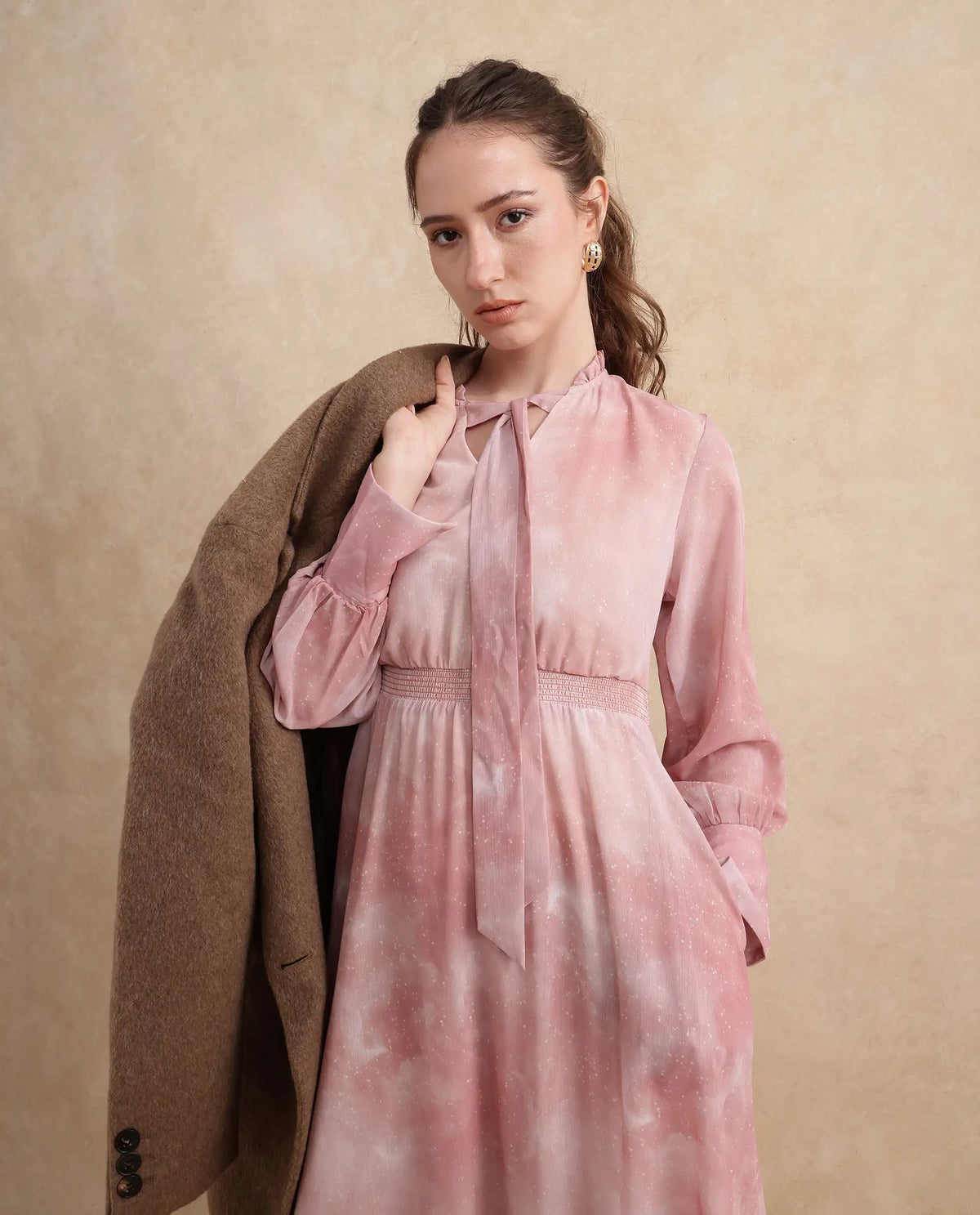 Rareism Women's Likp Pink Polyester Fabric Sweetheart Neck Button Closure Bishop Sleeve Abstract Fit And Flare Midi Dress