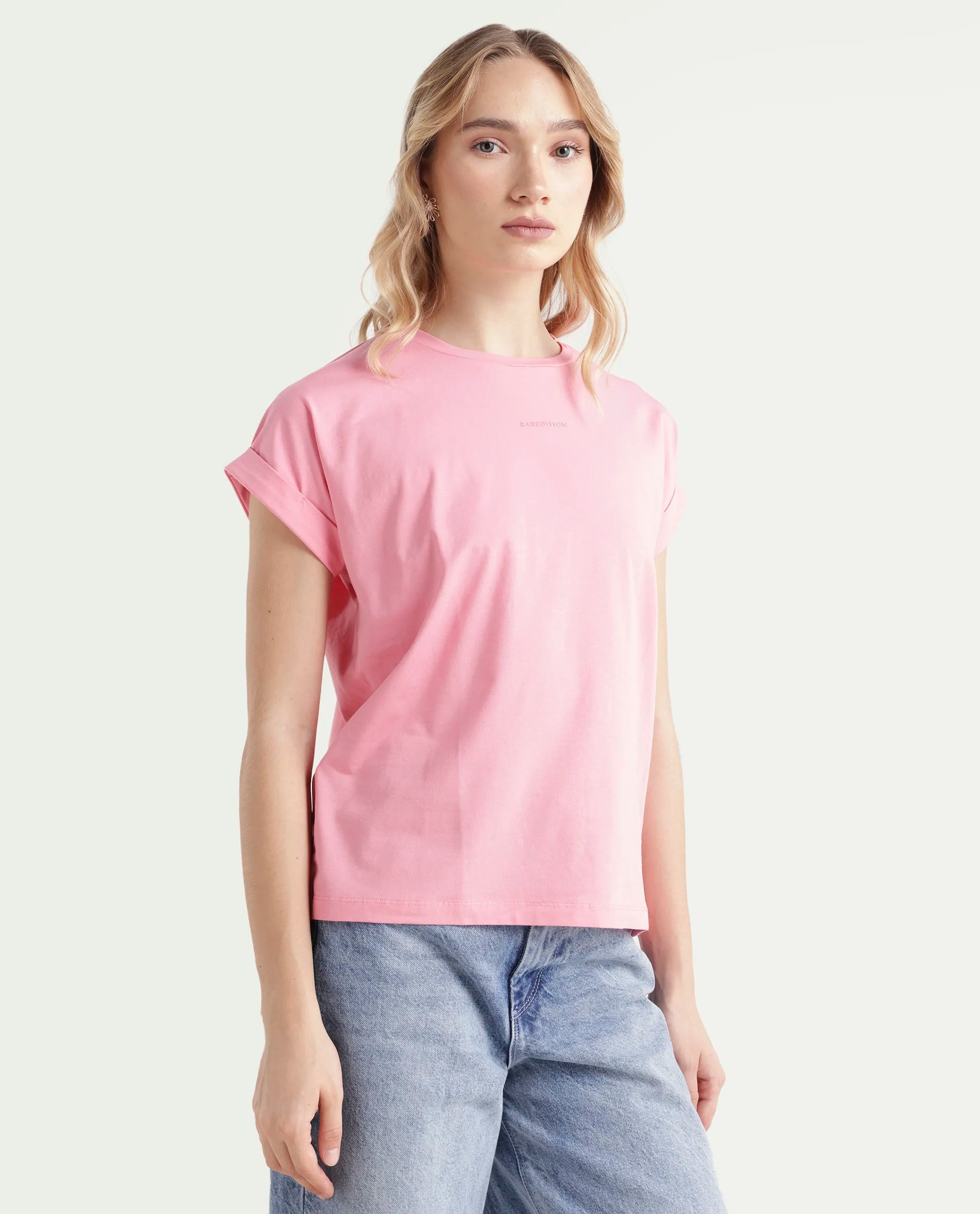 Rareism Women's Linden Light Pink Cotton Blend Crew Neck Typography Print Extended Sleeves Regular Fit T-Shirt