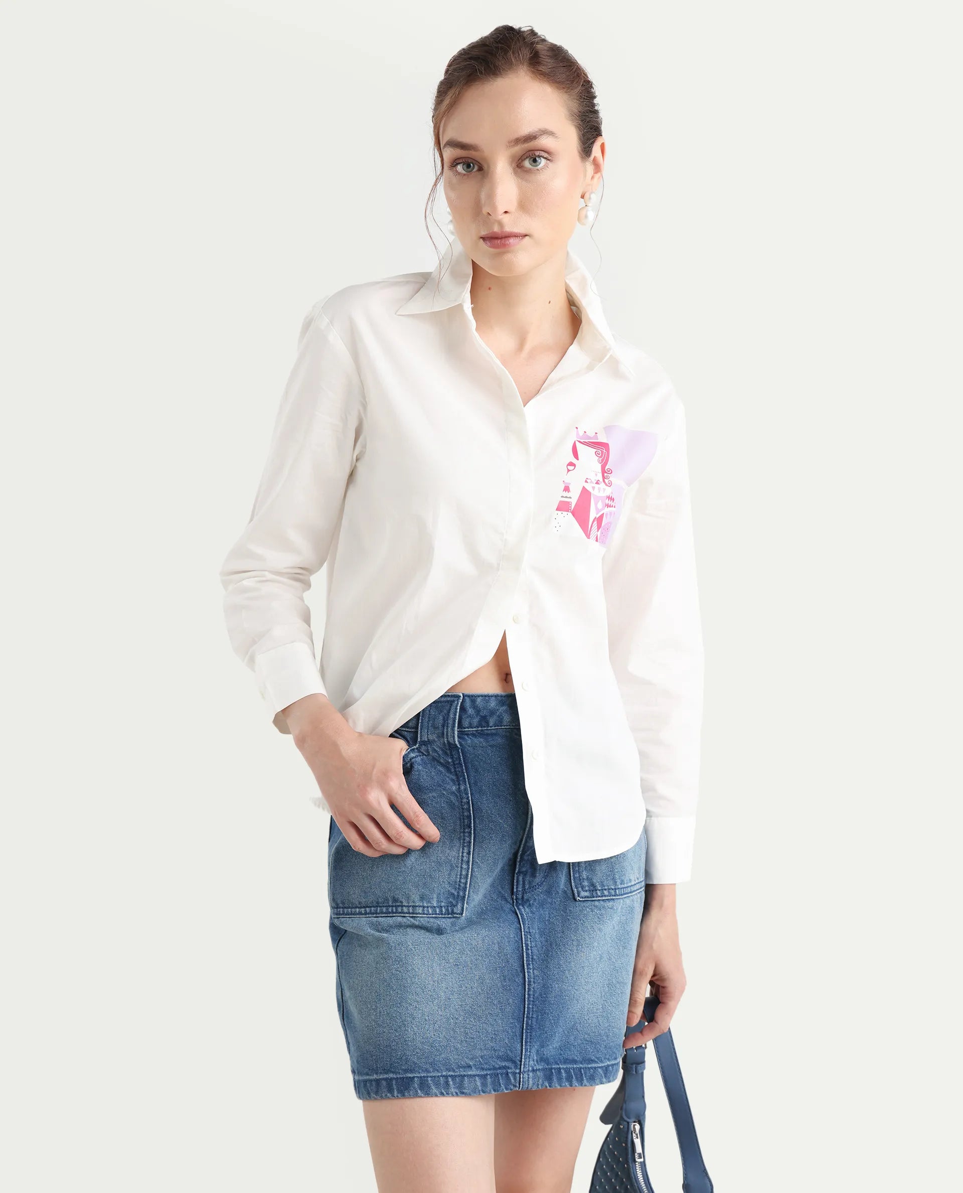 Rareism Women's Linnpo Off White Cotton Spread Collar Graphic Print Cuffed Sleeve Regular Fit Shirt