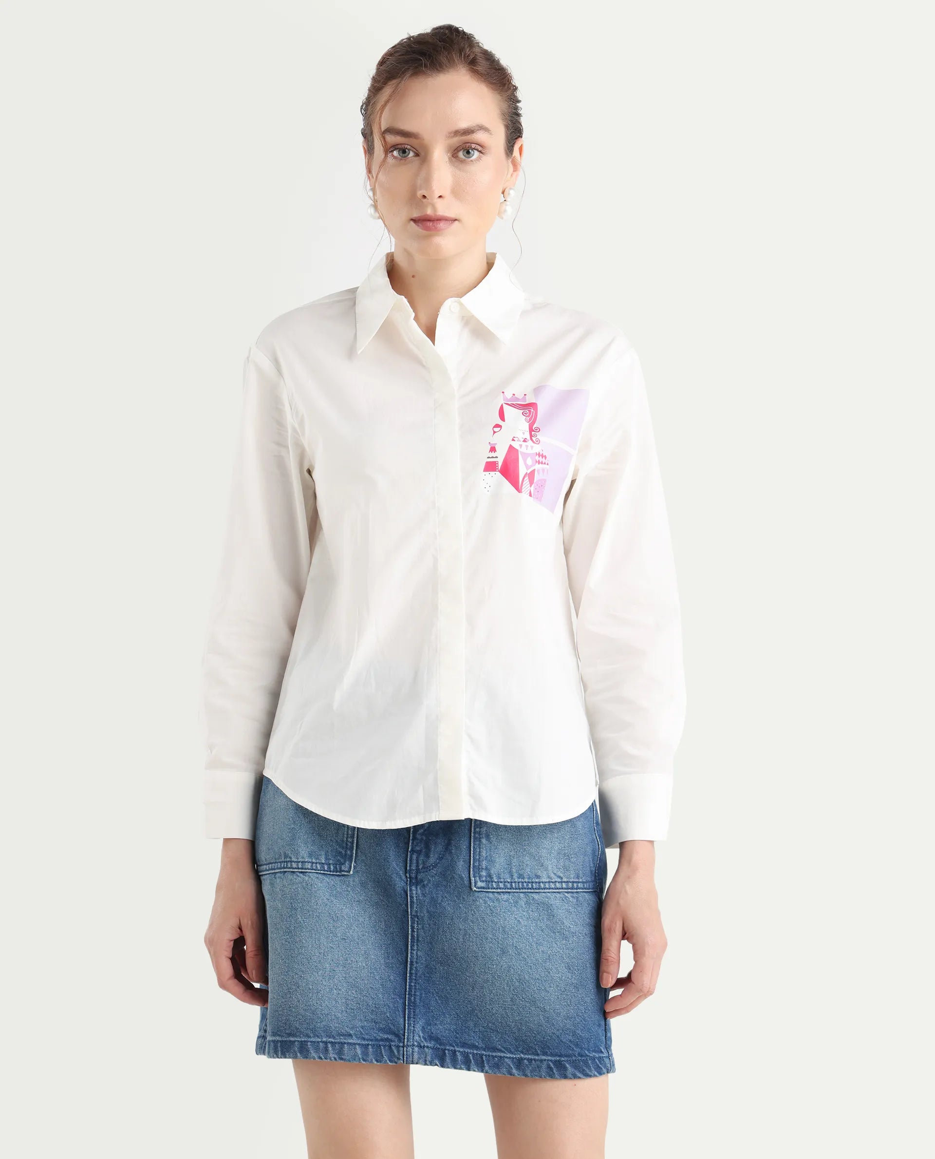 Rareism Women's Linnpo Off White Cotton Spread Collar Graphic Print Cuffed Sleeve Regular Fit Shirt