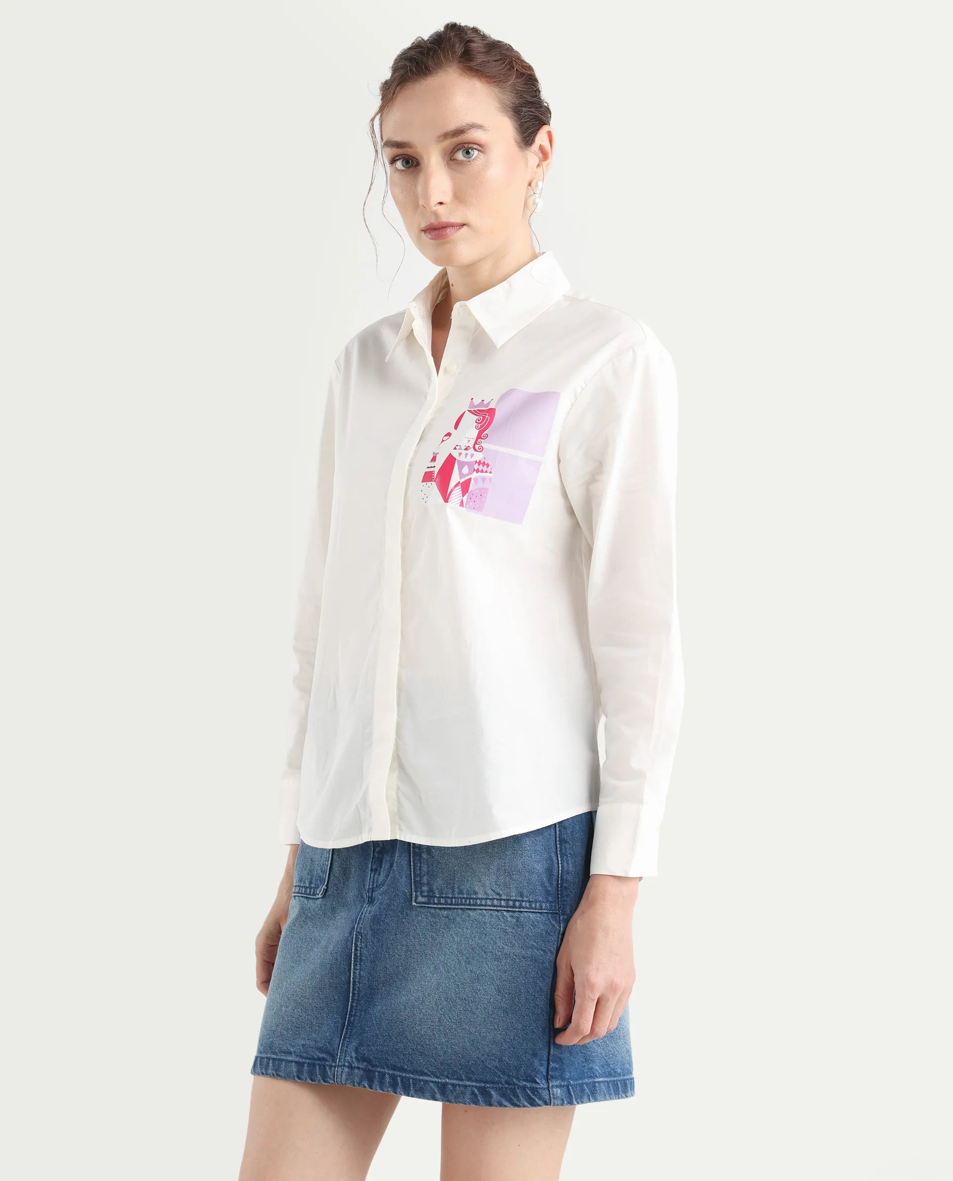Rareism Women's Linnpo Off White Cotton Spread Collar Graphic Print Cuffed Sleeve Regular Fit Shirt