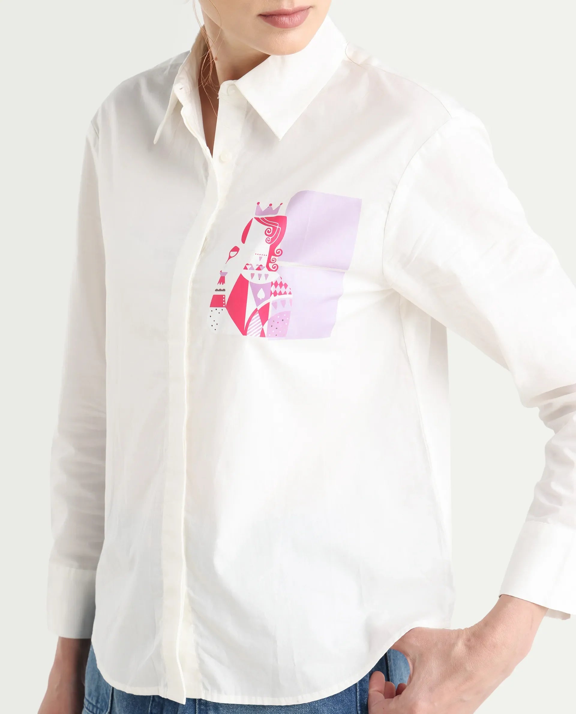 Rareism Women's Linnpo Off White Cotton Spread Collar Graphic Print Cuffed Sleeve Regular Fit Shirt