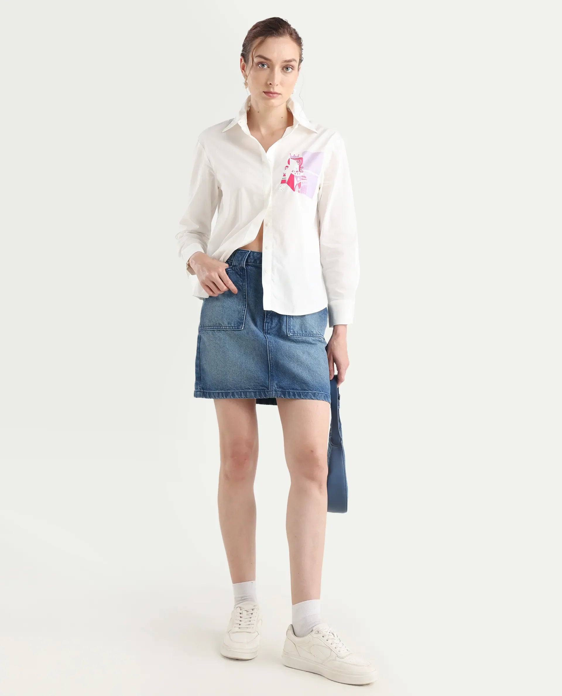 Rareism Women's Linnpo Off White Cotton Spread Collar Graphic Print Cuffed Sleeve Regular Fit Shirt