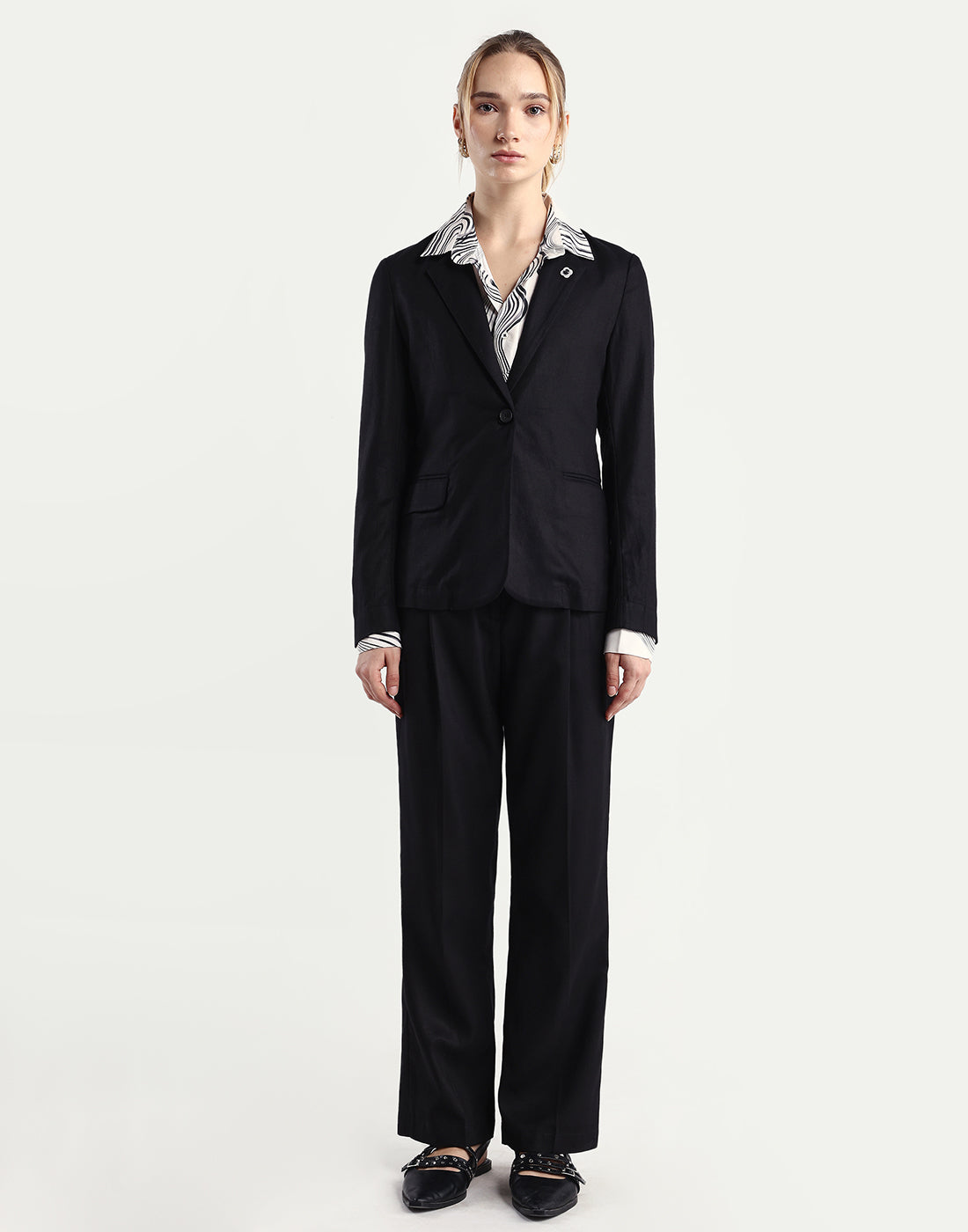 Rareism Women's Linzy-B Black 100% Linen Straight Plain Trouser