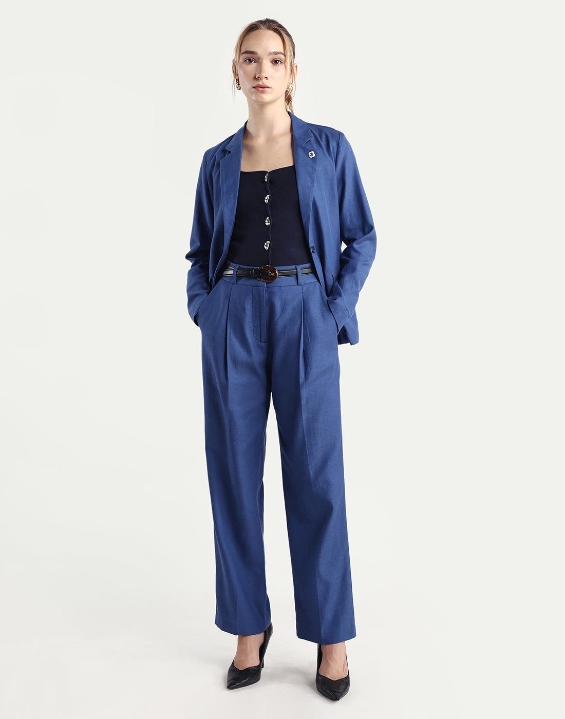 Rareism Women's Linzy-B Blue 100% Linen Straight Plain Trouser