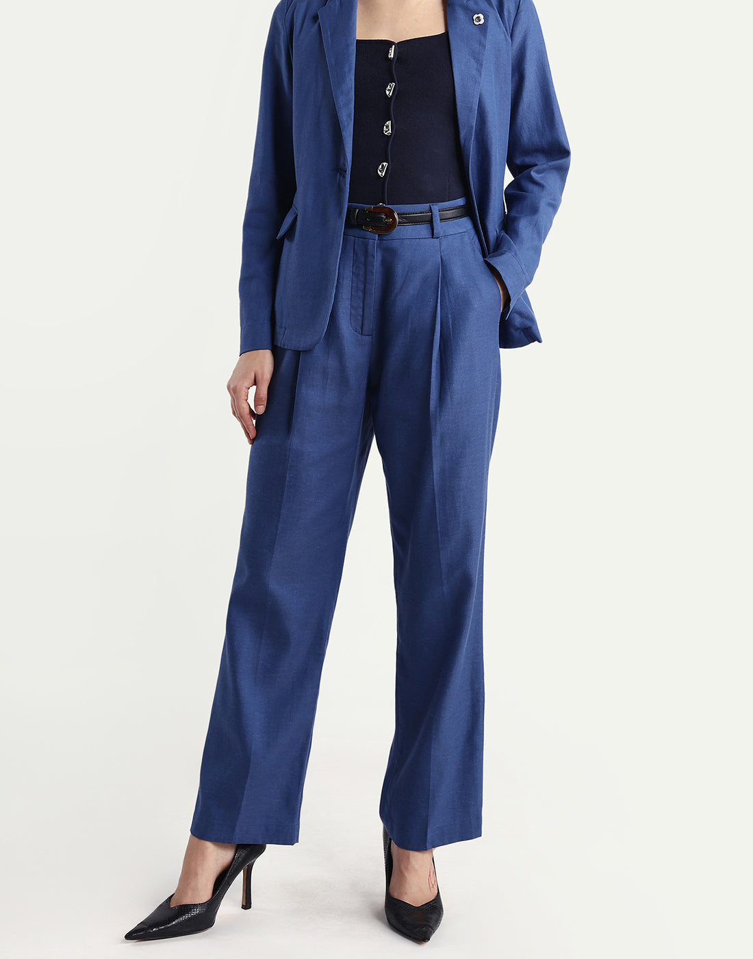 Rareism Women's Linzy-B Blue 100% Linen Straight Plain Trouser